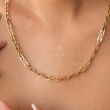 14K Gold Rectangle Long Chain Necklace, Paperclip Italian Rolo Chain