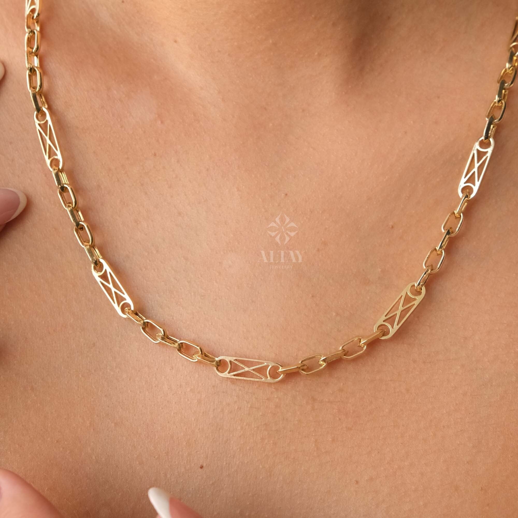 14K Gold Rectangle Long Chain Necklace, Paperclip Italian Rolo Chain, Chunky Oval Chain Link Necklace, Layered Everyday Choker Necklace