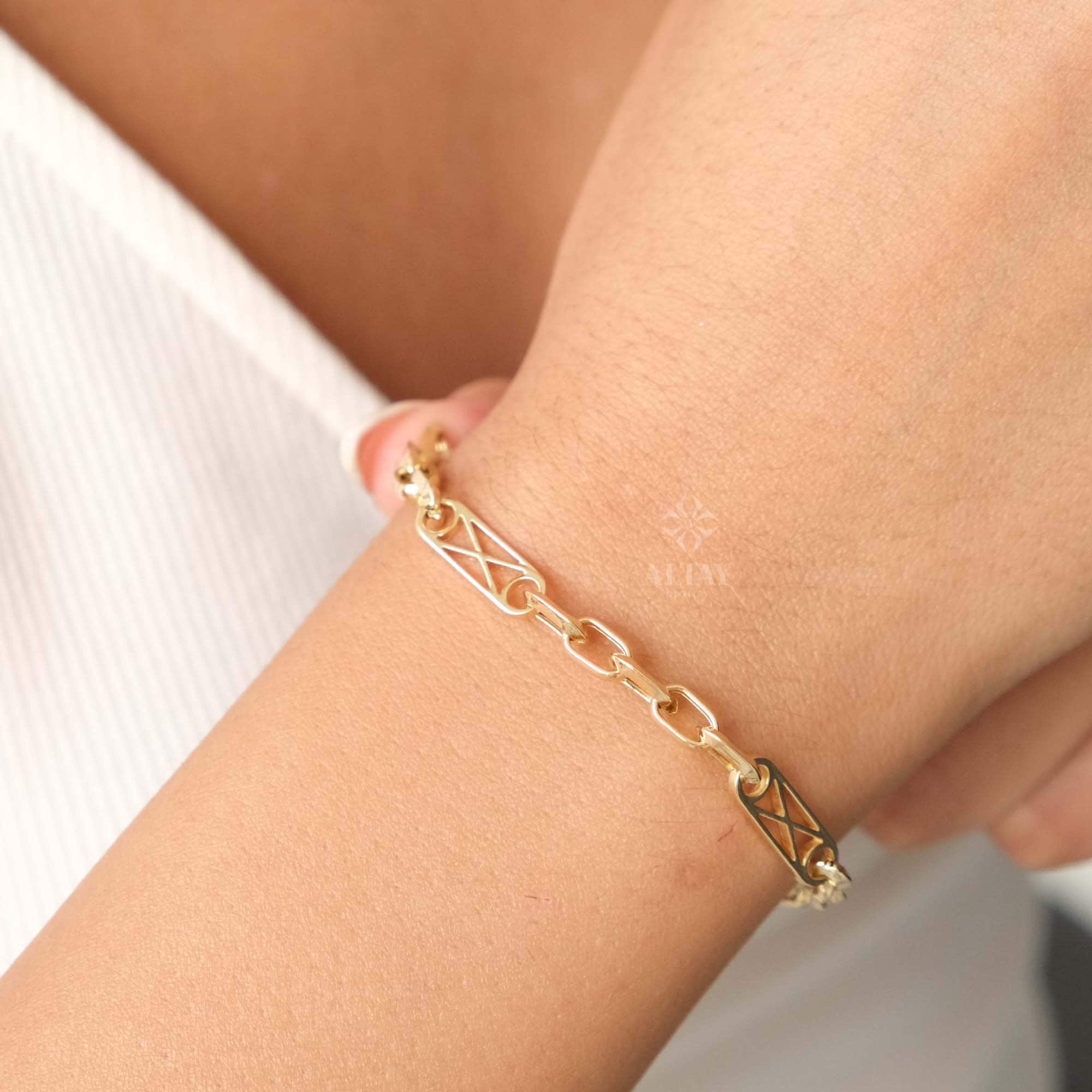 14K Gold Rectangle Long Chain Bracelet, Paperclip Italian Rolo Chain, Chunky Oval Chain Link Bracelet, Layered Everyday Wristband Bracelet