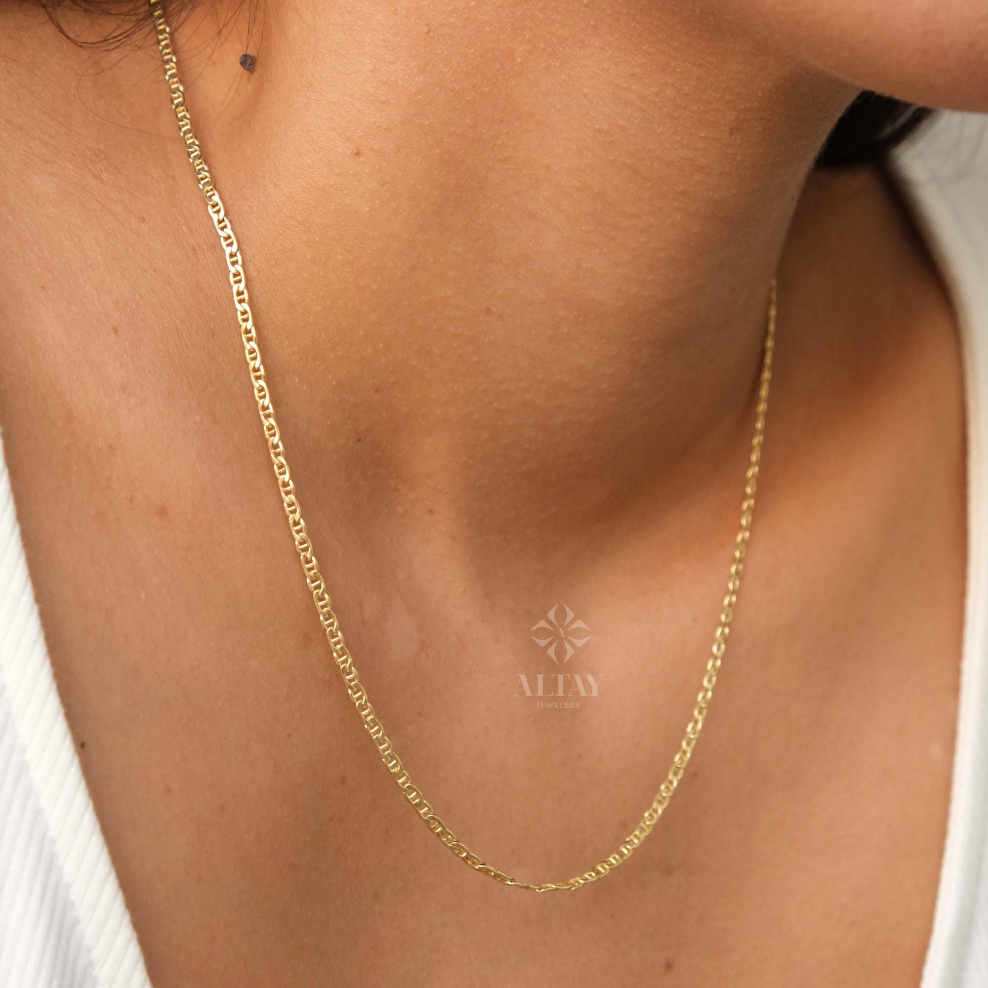 14K Gold Mariner Chain Necklace, 2mm Mariner Link Chain Necklace, Anchor Link Choker, Flat Mariner Necklace, Minimalist Layering Necklace