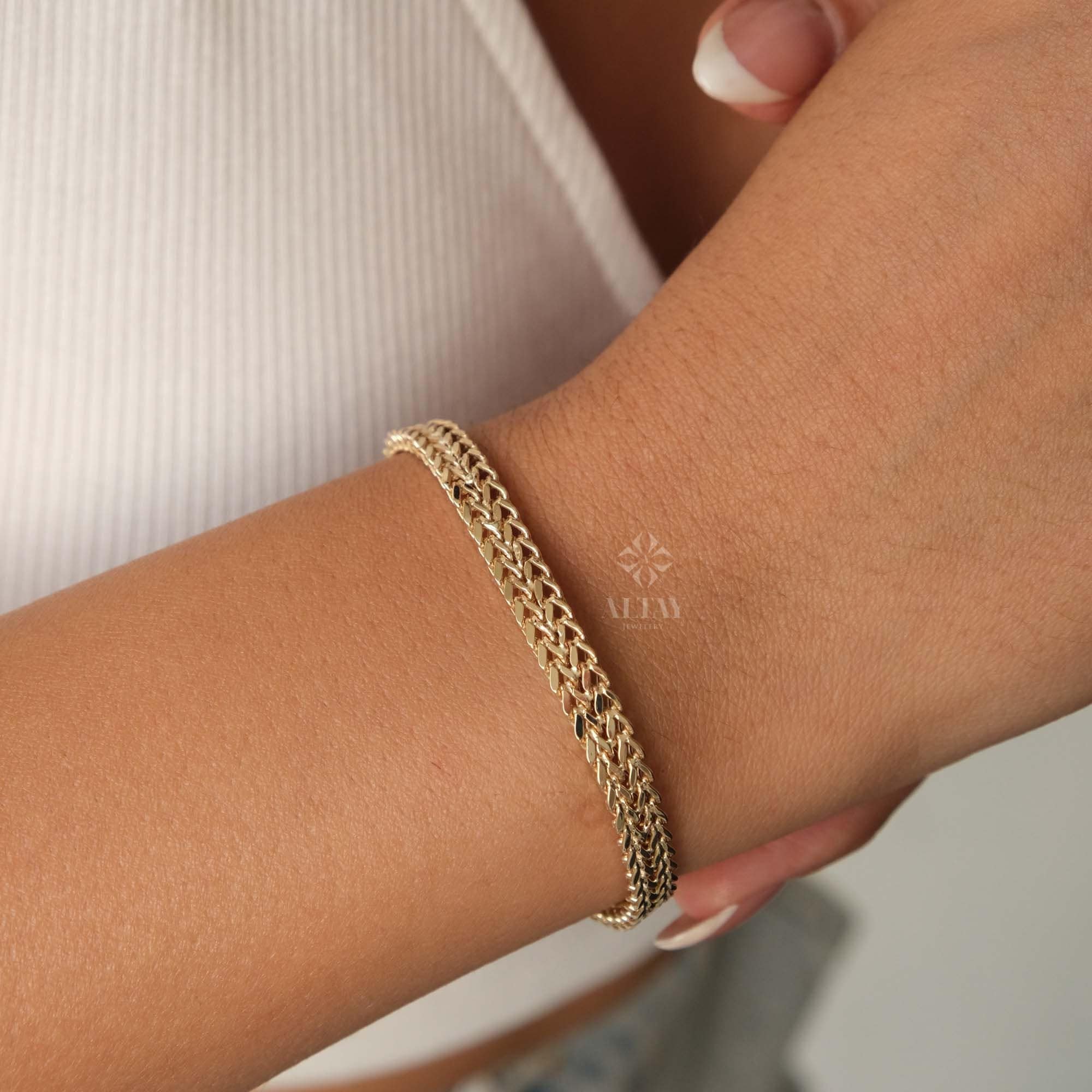 14K Gold Palm Franco Chain Bracelet, Double Wheat Foxtail Curb Chain, Palm Wheat Chain Anklet, Spiga Chain Bracelet, Men Women Chain