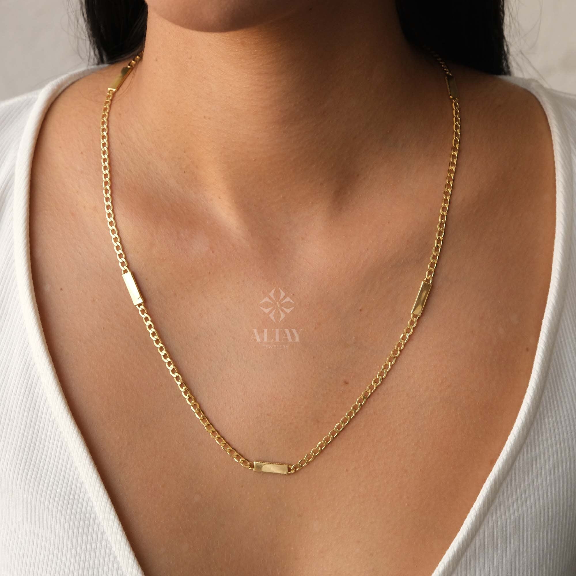 14K Gold Cuban Link Necklace, Dainty Bar Necklace, Curb Chunky Engraved Necklace, Skinny Bar Necklace, Stacking Necklace, Men Women Chain
