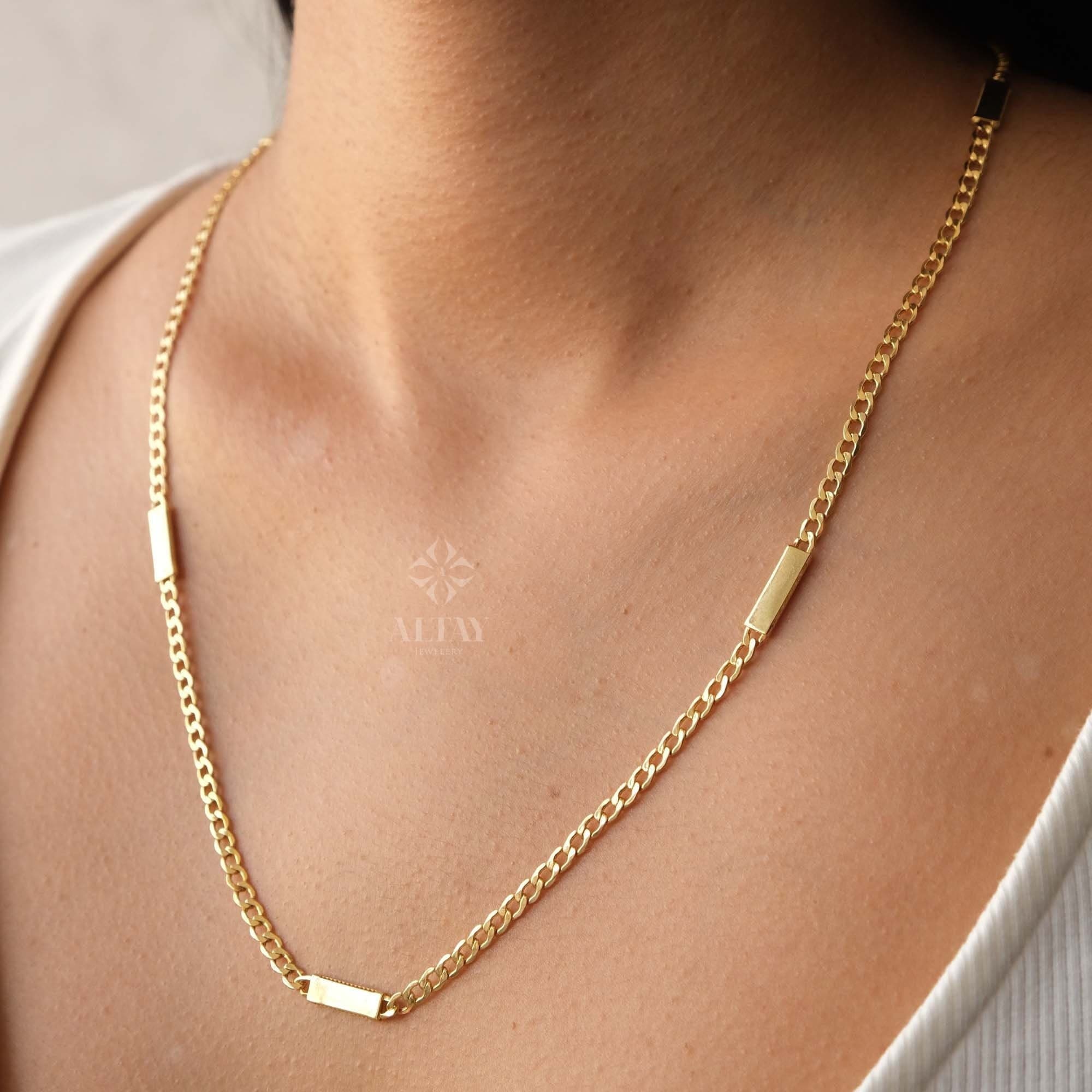 14K Gold Cuban Link Necklace, Dainty Bar Necklace, Curb Chunky Engraved Necklace, Skinny Bar Necklace, Stacking Necklace, Men Women Chain