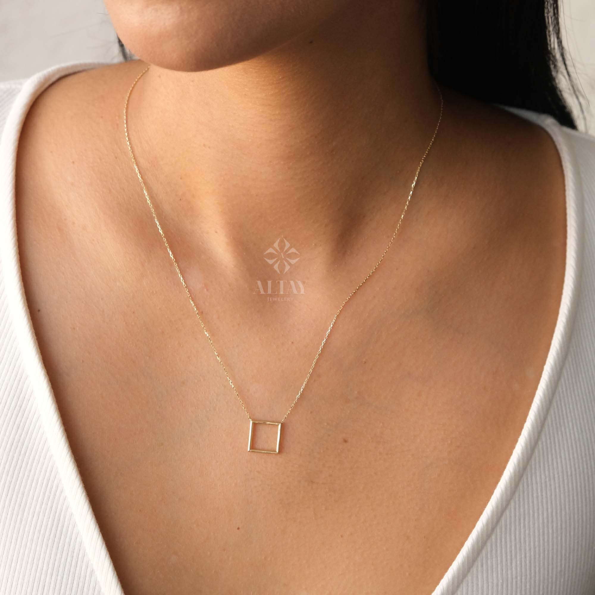 14K Gold Open Square Necklace, Small Square Pendant, Square Charm Choker, Family Necklace, Mini Kite Necklace, Dainty Layering Necklace