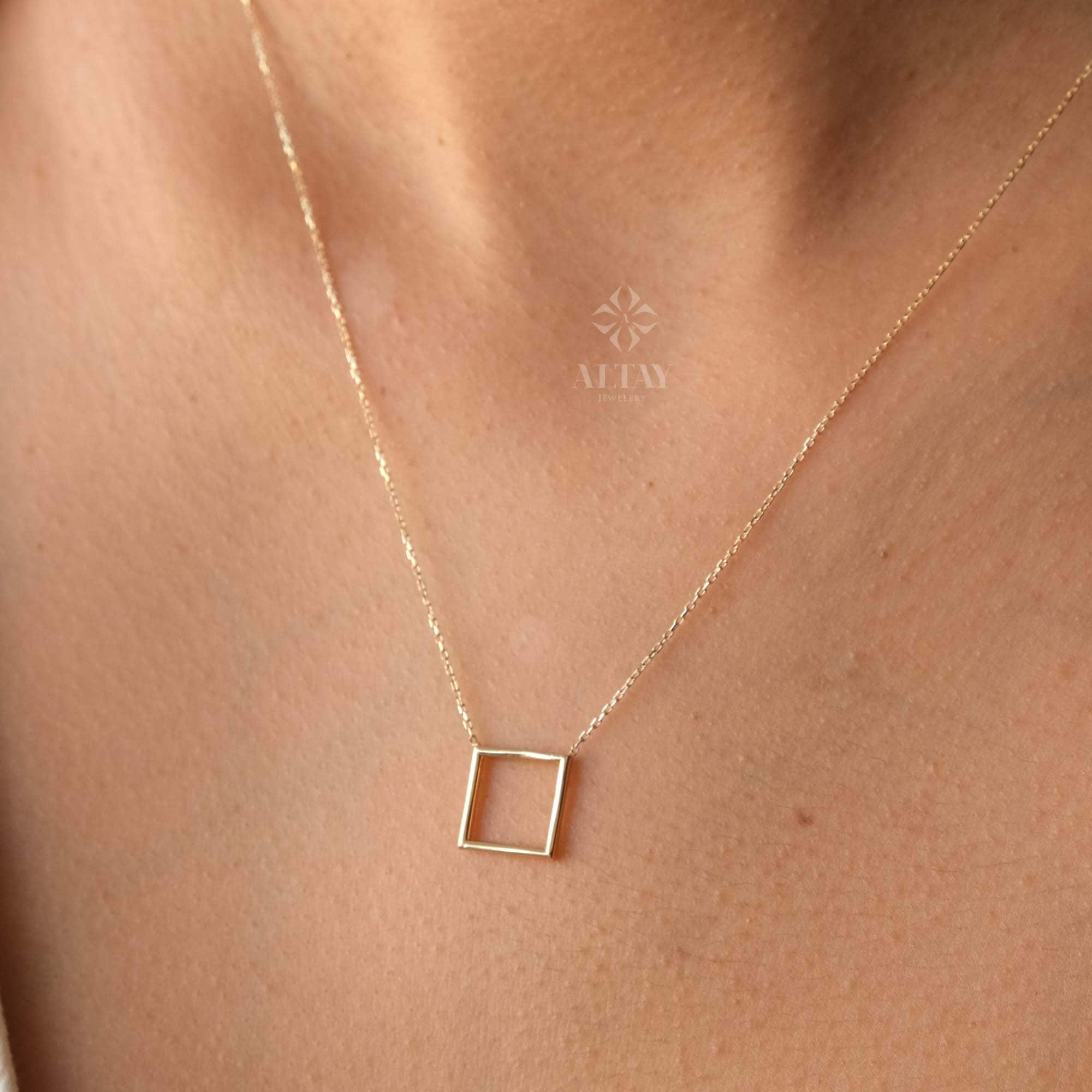 14K Gold Open Square Necklace, Small Square Pendant, Square Charm Choker, Family Necklace, Mini Kite Necklace, Dainty Layering Necklace