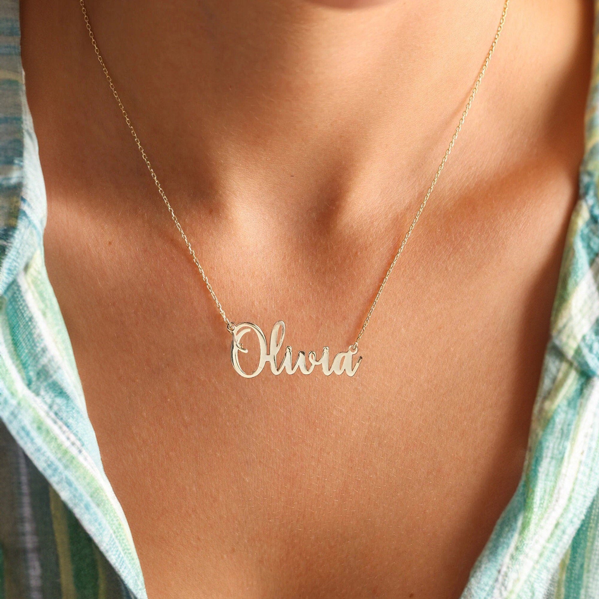 14K Gold Name Necklace, Personalized Name Pendant, Cursive Name Necklace, Dainty Gold Name Plate Necklace, Custom Gift Name Necklace