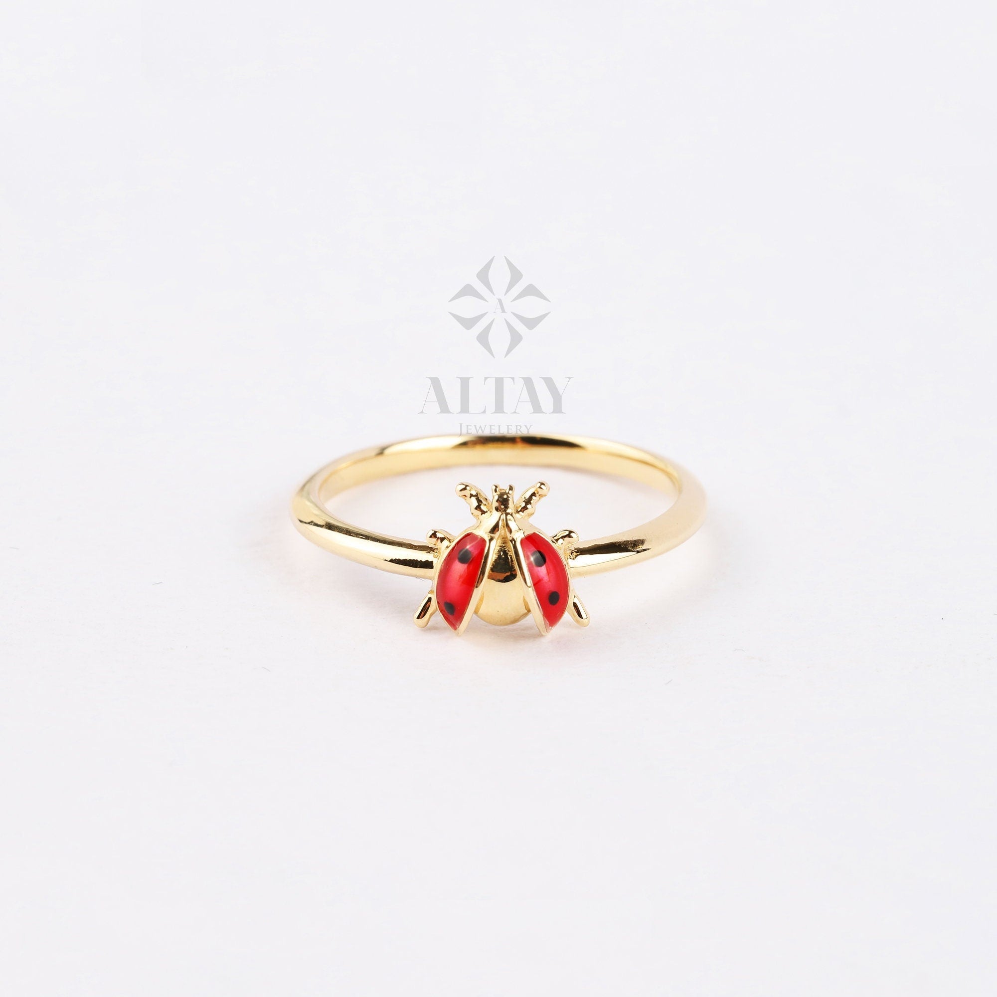 14K Gold Ladybug Ring, Ladybird Colorful Ring, Unique Animal Ring, Cute Tiny Pinky Ring, Handmade Jewelry, Good Luck Statement Ring