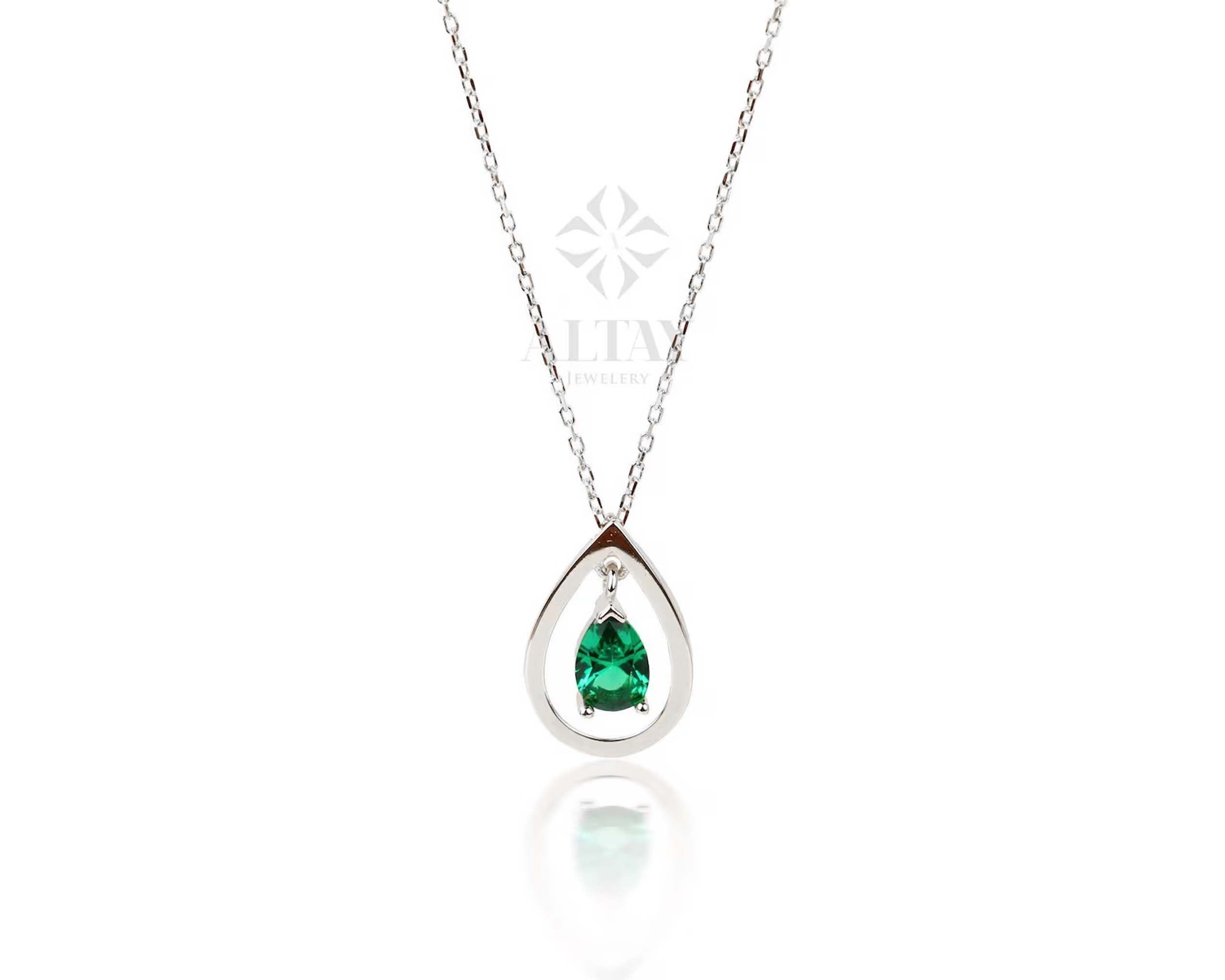 14K Gold Pear Shape Emerald Necklace, Teardrop Emerald Pendant, Solitaire Necklace, Pear Cut Birthstone Necklace, Halo Pendant, Moms Gift