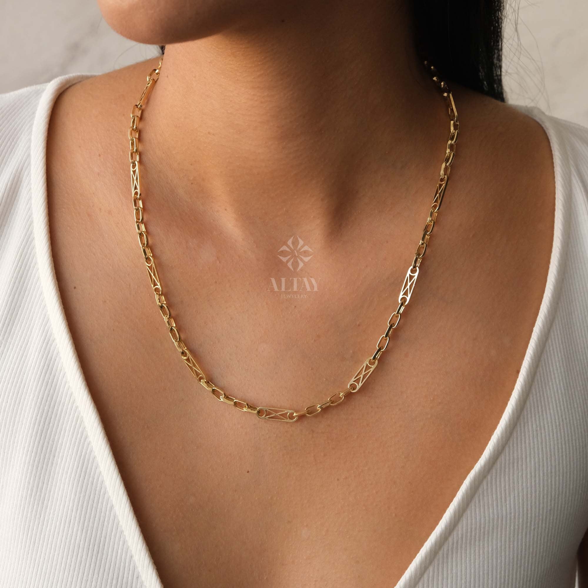 14K Gold Rectangle Long Chain Necklace, Paperclip Italian Rolo Chain, Chunky Oval Chain Link Necklace, Layered Everyday Choker Necklace