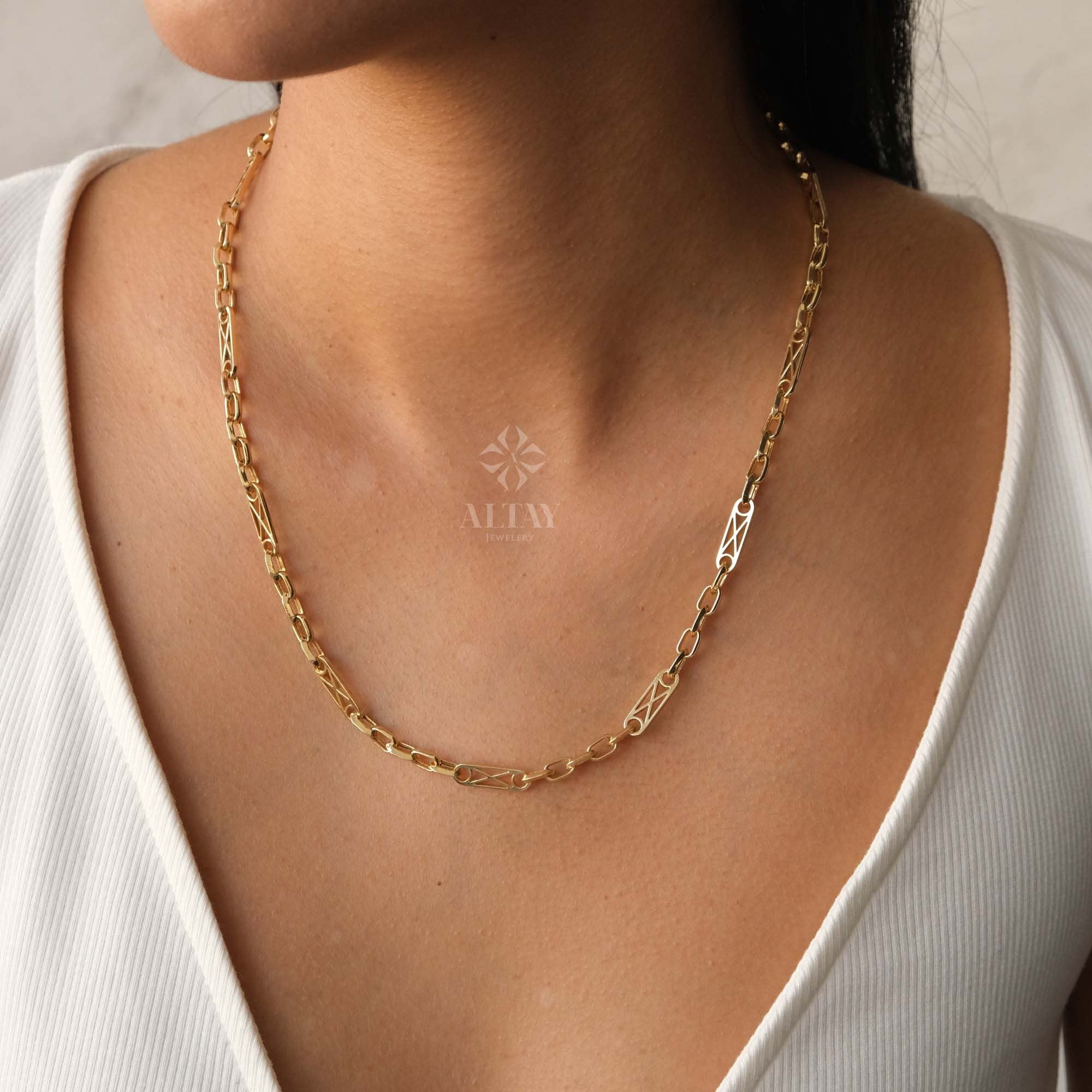 14K Gold Rectangle Long Chain Necklace, Paperclip Italian Rolo Chain, Chunky Oval Chain Link Necklace, Layered Everyday Choker Necklace