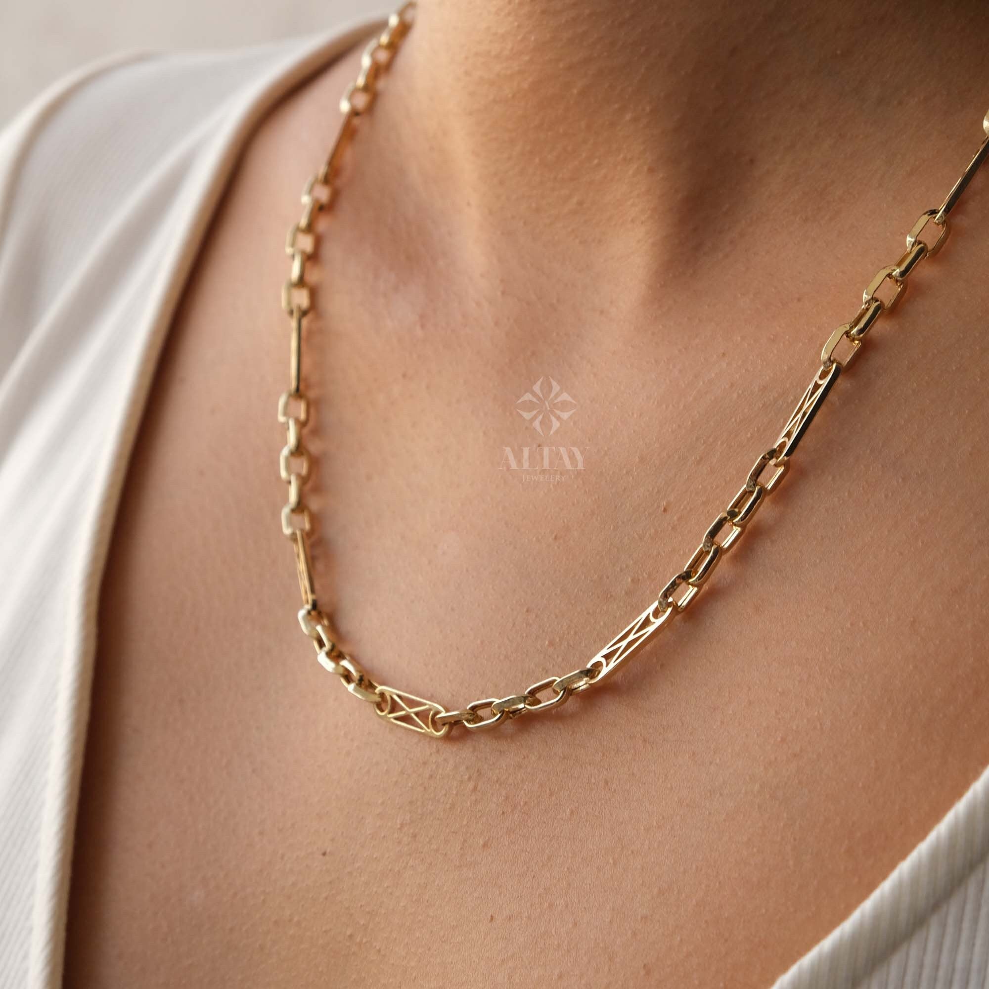 14K Gold Rectangle Long Chain Necklace, Paperclip Italian Rolo Chain, Chunky Oval Chain Link Necklace, Layered Everyday Choker Necklace