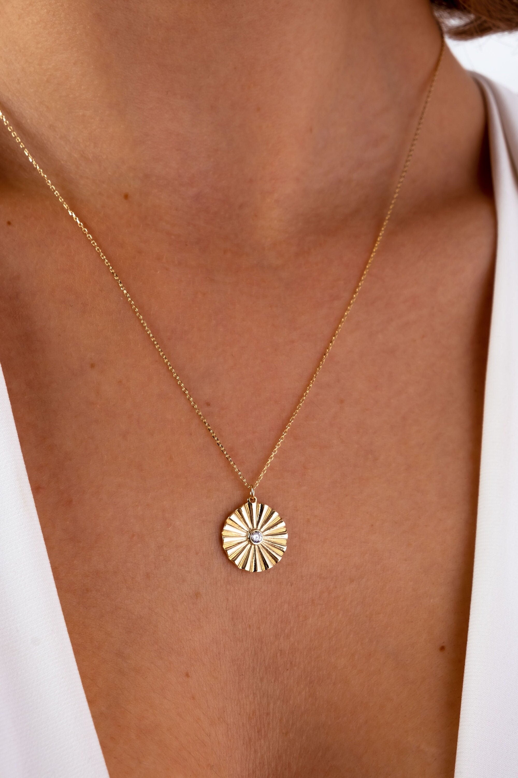 14K Gold Sunshine Necklace, Circle Sunshine Pendant, Disc Sun Charm Choker, Sunburst Medallion Necklace, Coin Necklace, Christmas Sale