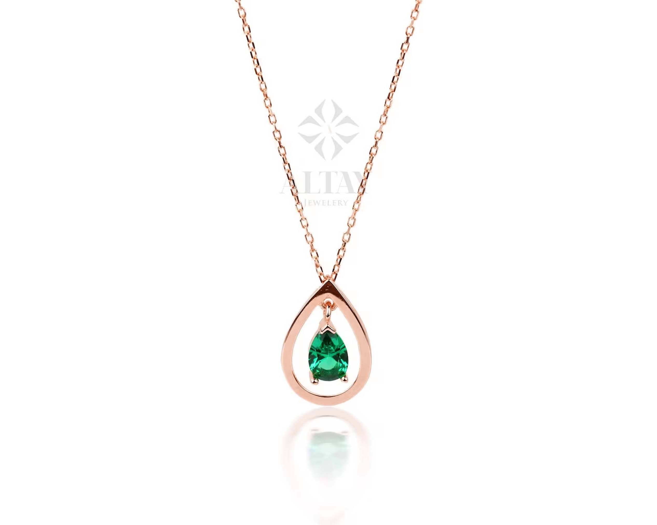 14K Gold Pear Shape Emerald Necklace, Teardrop Emerald Pendant, Solitaire Necklace, Pear Cut Birthstone Necklace, Halo Pendant, Moms Gift