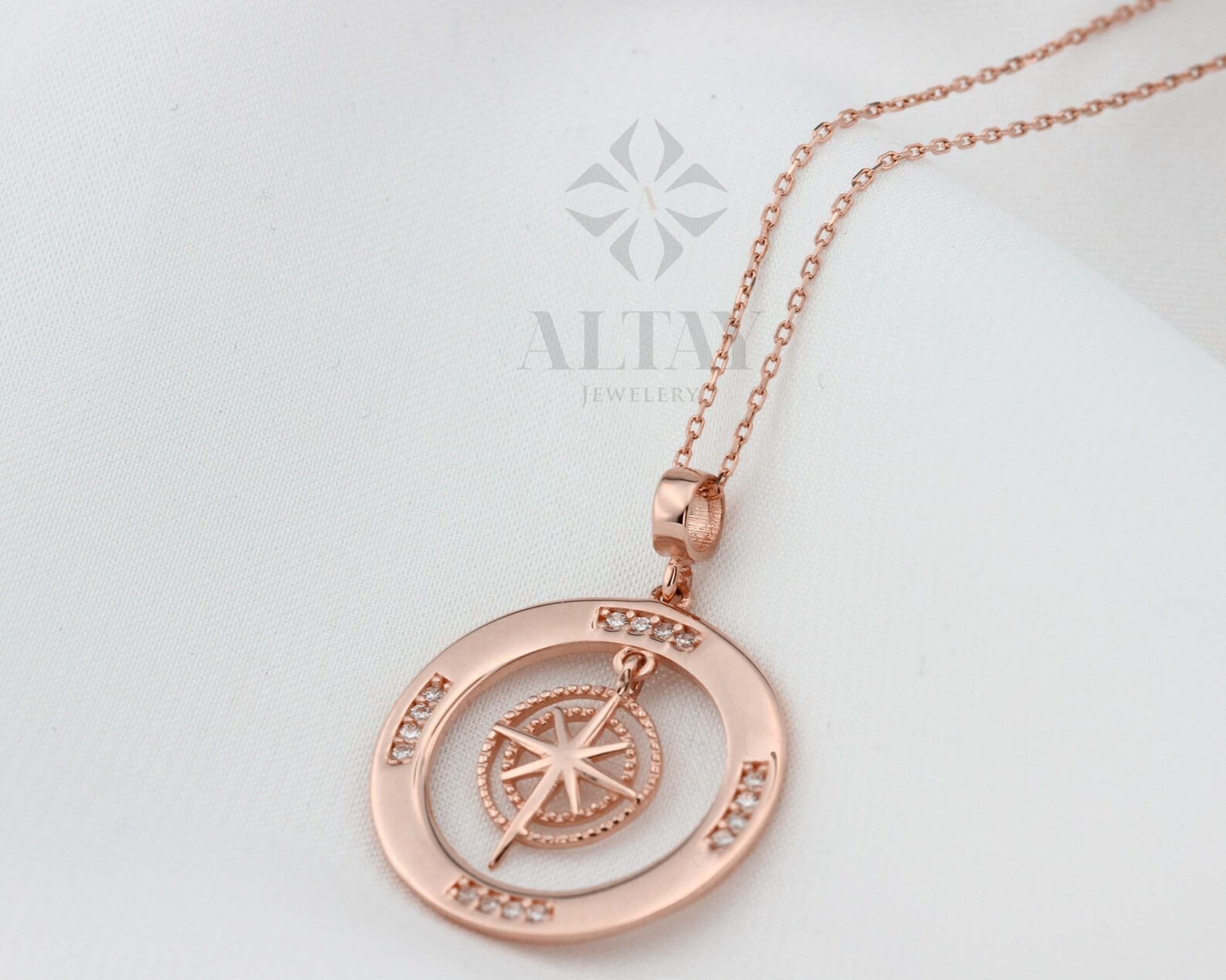 14K Gold Compass Necklace, Personalized Compass Medallion, Travelers Coin Necklace, Journey Pendant Necklace, Engraved Gift Jewelry