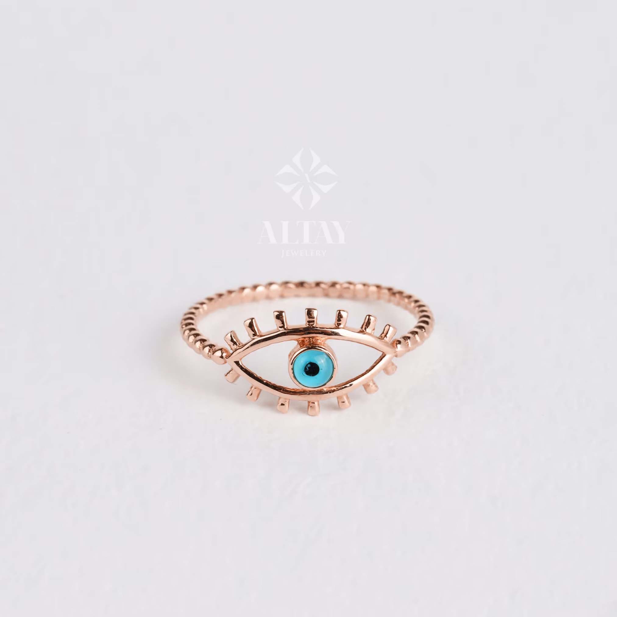 14K Gold Evil Eye Ring, Evil Eye Protection Ring, Tiny Evil Eye Band Ring, Womens Pinky Ring, Minimalist Third Eye Ring, Good Luck Ring