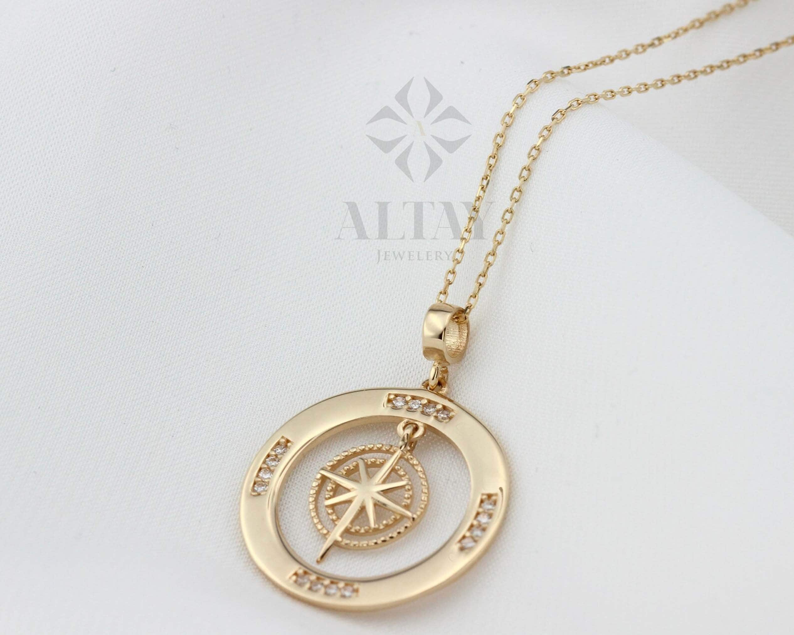 14K Gold Compass Necklace, Personalized Compass Medallion, Travelers Coin Necklace, Journey Pendant Necklace, Engraved Gift Jewelry