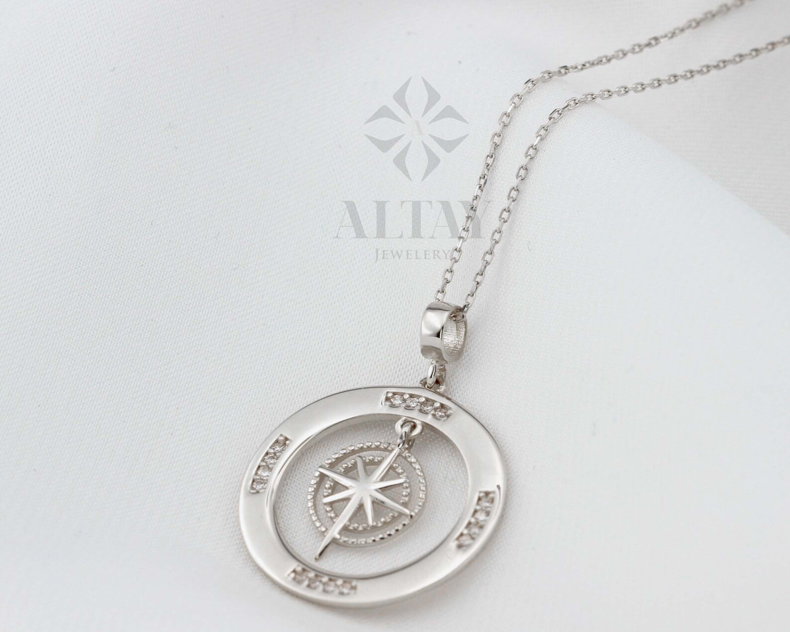 14K Gold Compass Necklace, Personalized Compass Medallion, Travelers Coin Necklace, Journey Pendant Necklace, Engraved Gift Jewelry