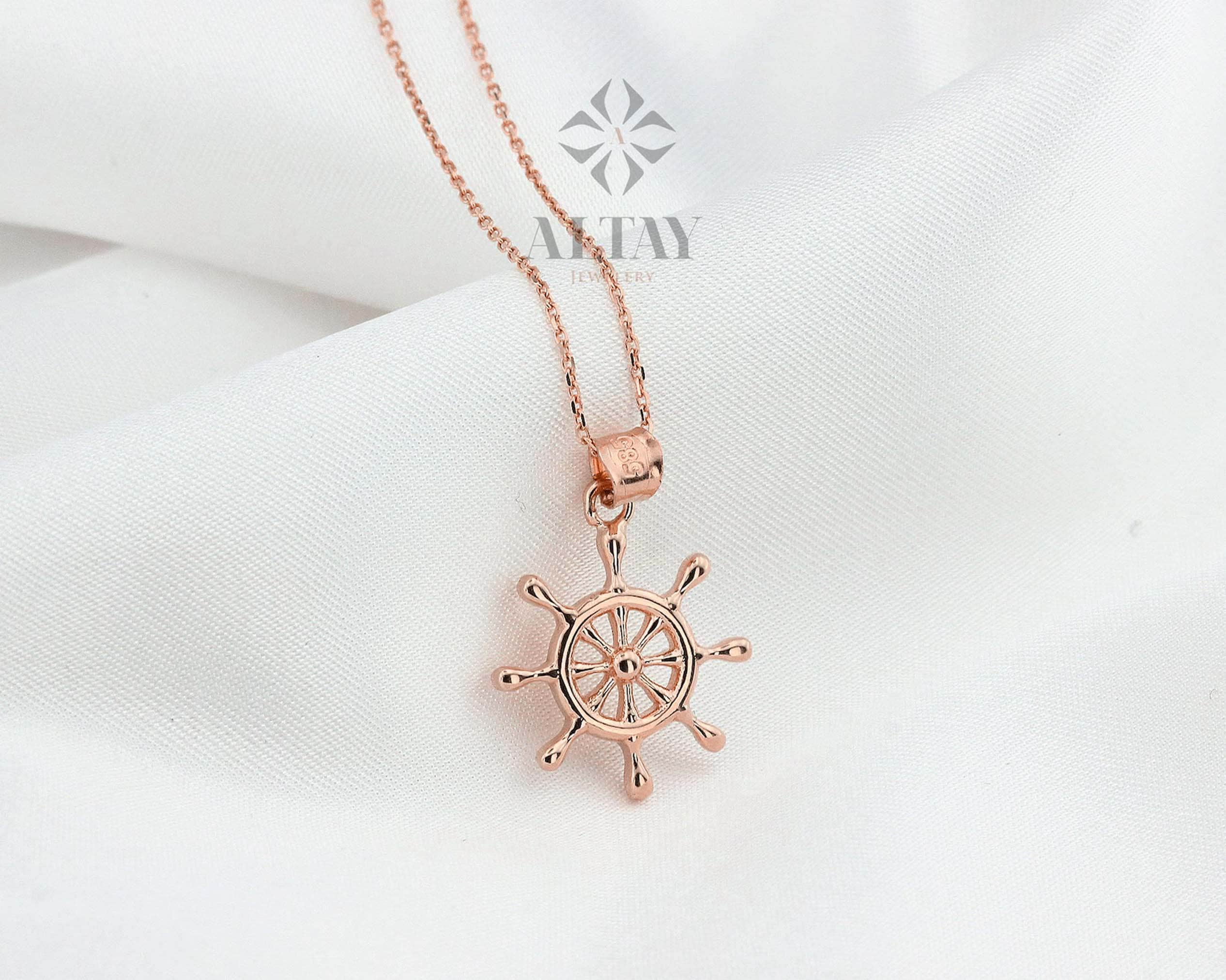 14K Gold Ship Wheel Necklace, Rudder Pendant Medallion, Nautical Charm, Disc Boat Jewelry, Sea Lover Necklace, Minimalist Coin Necklace