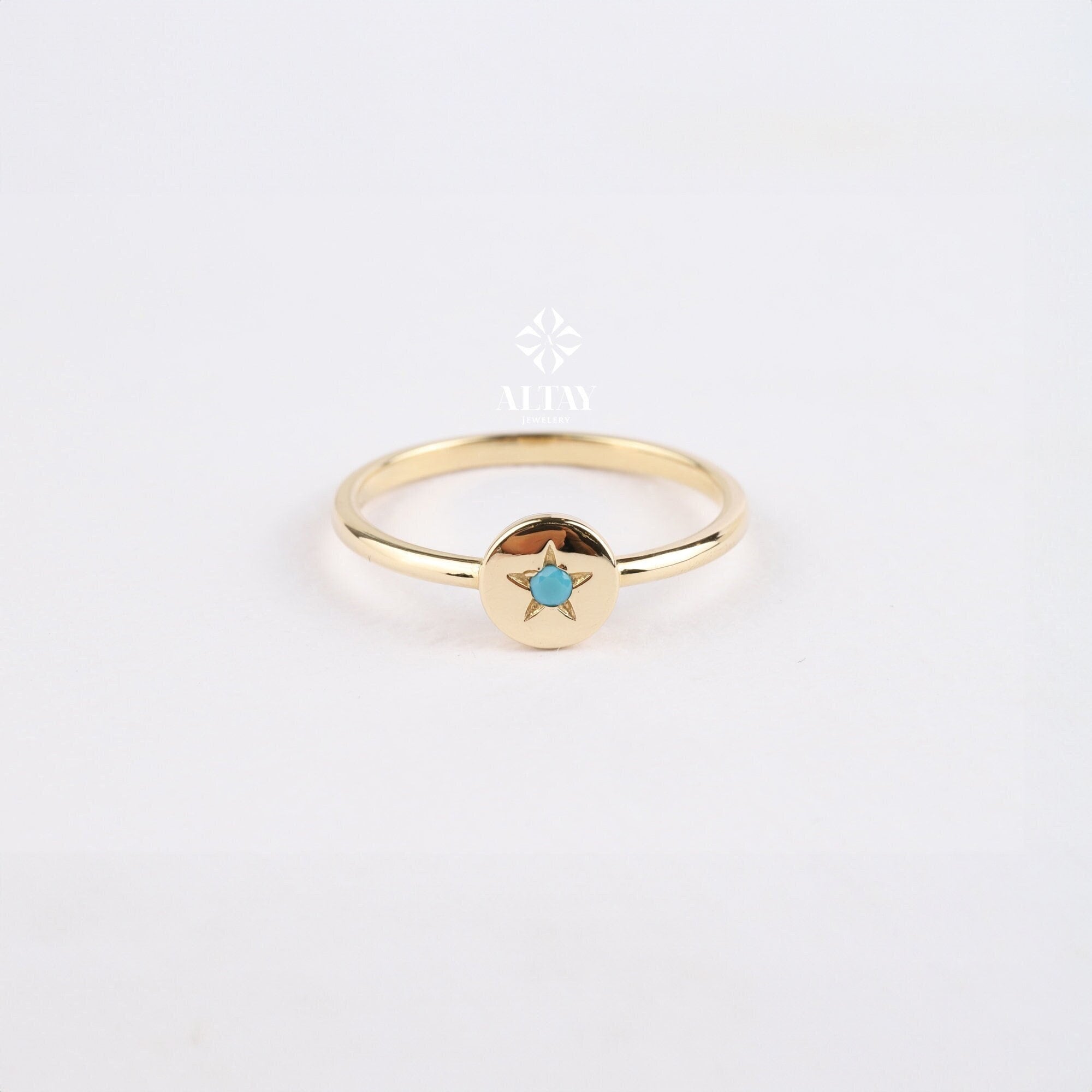 14K Gold Star Ring, Tiny Pinky Star Ring, Turquoise Polar Star Band, Round North Star Ring, Celestial Dainty Ring, Minimalist Matching Ring