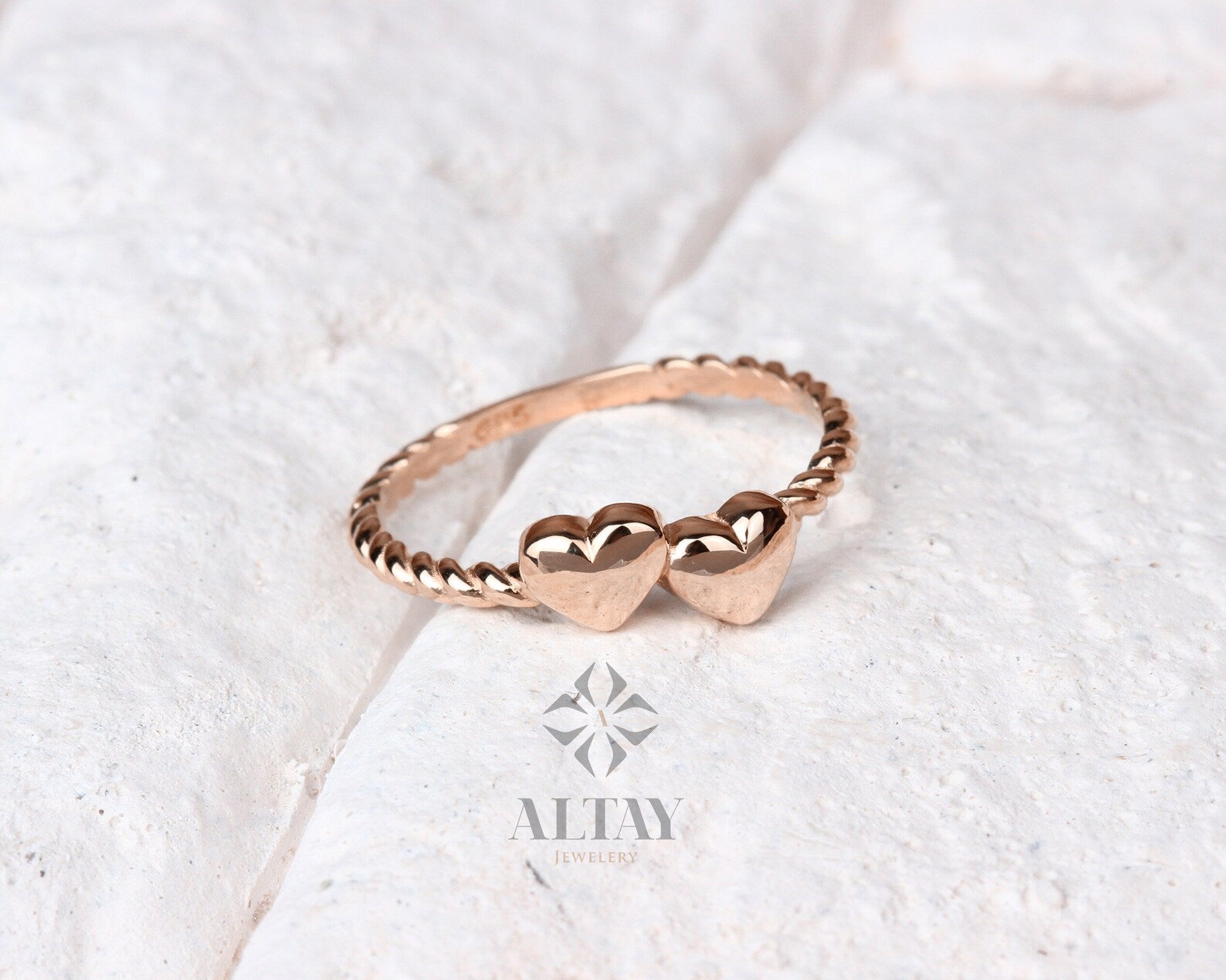 14K Gold Heart Ring, Tiny Hearts Stacking Ring, Double Heart Dainty Ring, Custom Heart Ring, Personalized Initial Ring, Promise Love Band