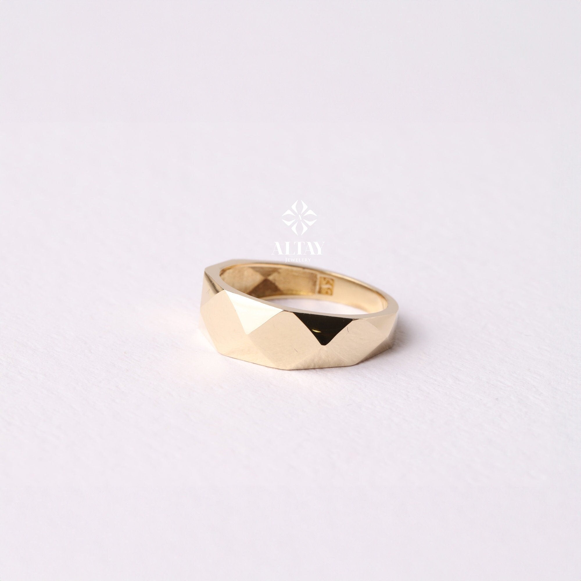 14K Gold Geometric Chunky Ring, Dainty Edge Ring, Thick Band Statement Ring, Unique Angular Ring, Pointer Finger Ring, Edge Dome Ring