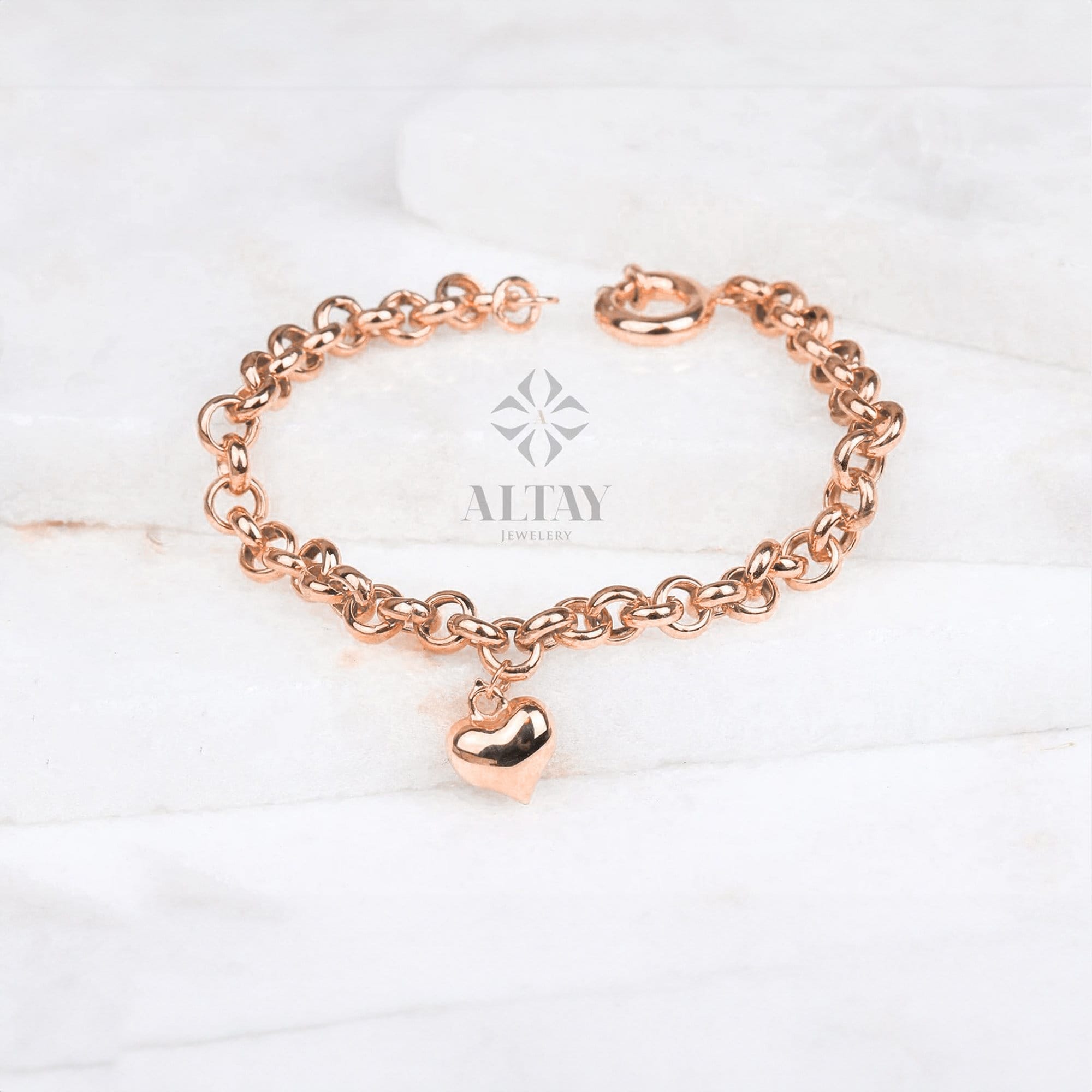 14K Gold Rolo Chain Bracelet, 5mm Rolo Chain Heart Charm Bracelet, Belcher Bracelet Rolo Chain, Dainty Love Charm, Minimalist Men Women