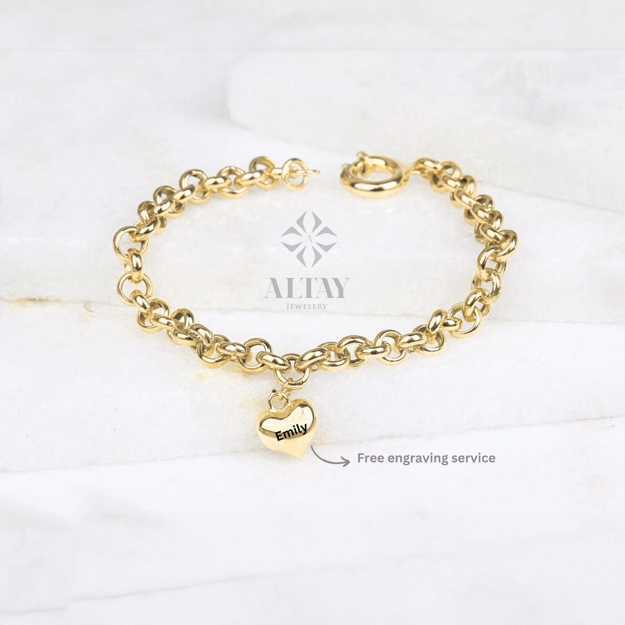 14K Gold Rolo Chain Bracelet, 5mm Rolo Chain Heart Charm Bracelet, Belcher Bracelet Rolo Chain, Dainty Love Charm, Minimalist Men Women