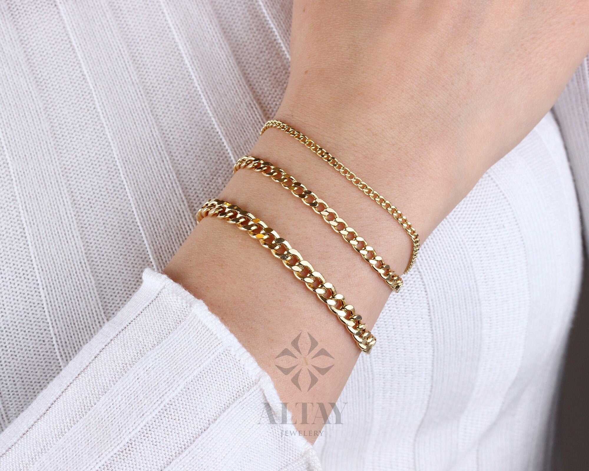 14K Gold Cuban Link Bracelet, 2mm 3mm 4mm Curb Chain, Women Men Real Gold Stacking Bracelet, Miami Cuban Chain Link, Handmade Bracelet