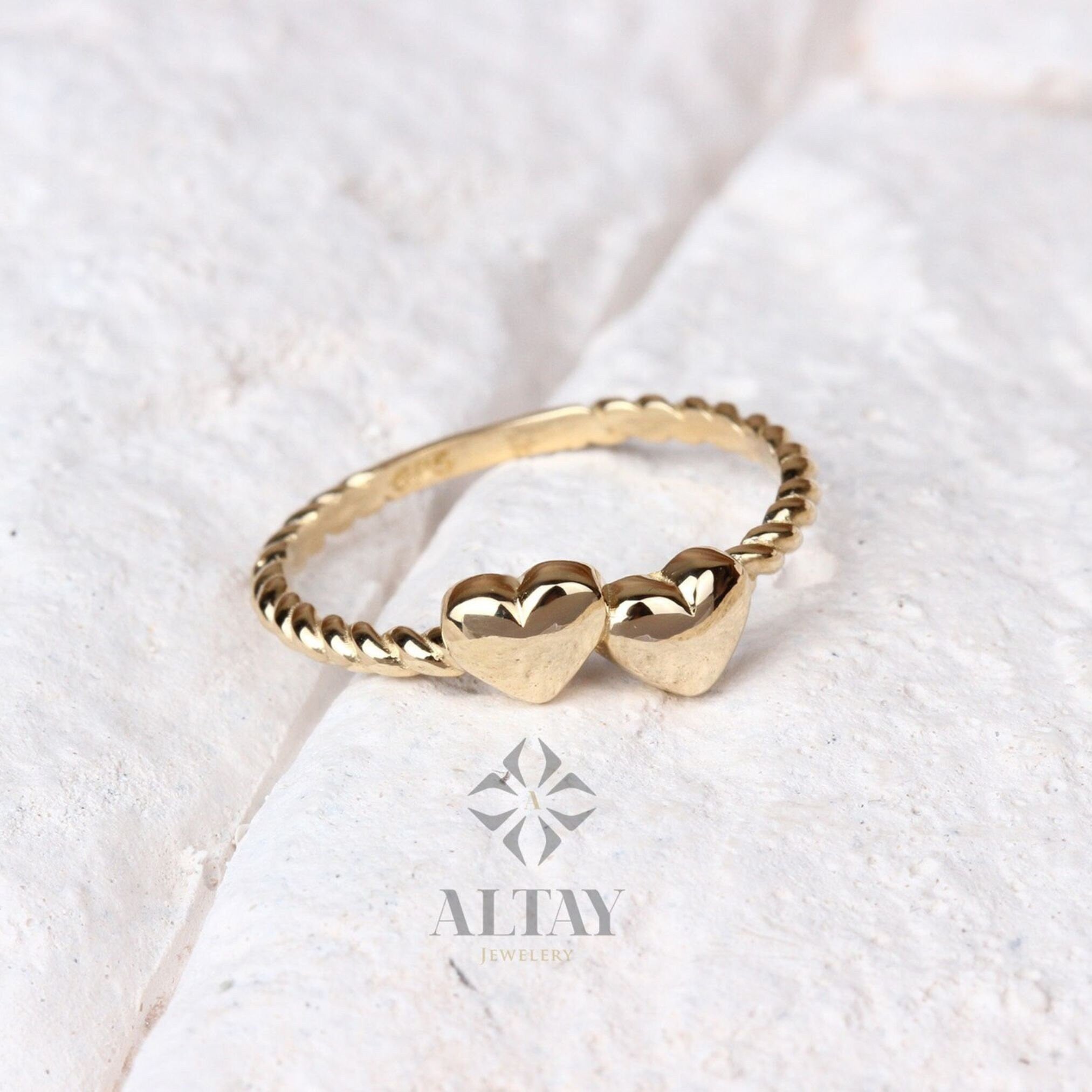 14K Gold Heart Ring, Tiny Hearts Stacking Ring, Double Heart Dainty Ring, Custom Heart Ring, Personalized Initial Ring, Promise Love Band