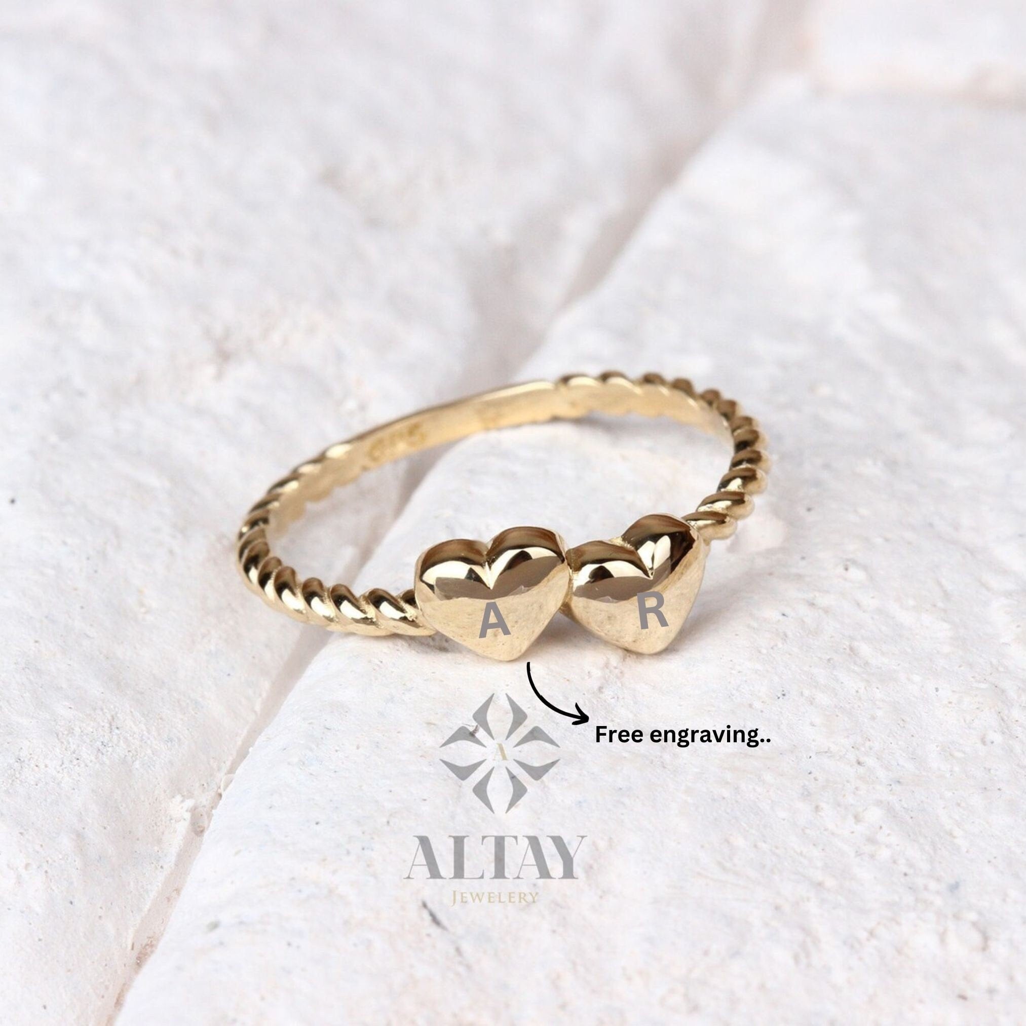 14K Gold Heart Ring, Tiny Hearts Stacking Ring, Double Heart Dainty Ring, Custom Heart Ring, Personalized Initial Ring, Promise Love Band