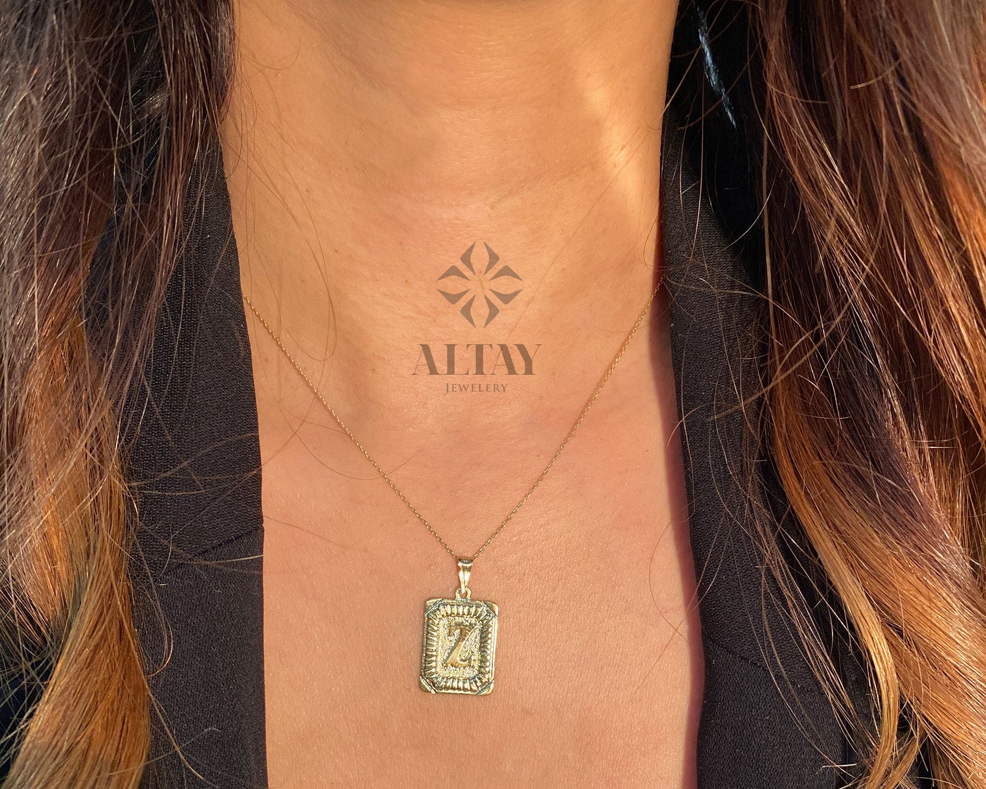 14K Gold Initial Necklace, Gold Letter Necklace, Square Block Letter, Custom Personalized Necklace, Medallion Necklace, Gift For Her Him