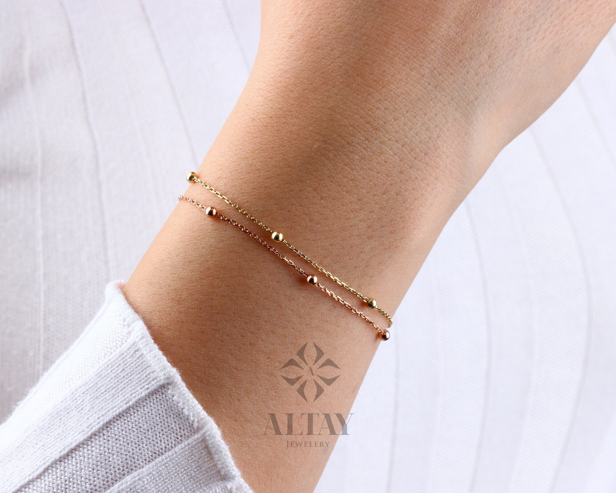 14K Gold Ball Chain Bracelet, Tiny Beaded Bracelet, Multi balls Chain Bracelet, Satellite Chain Bracelet, Station Gold Layering Bracelet