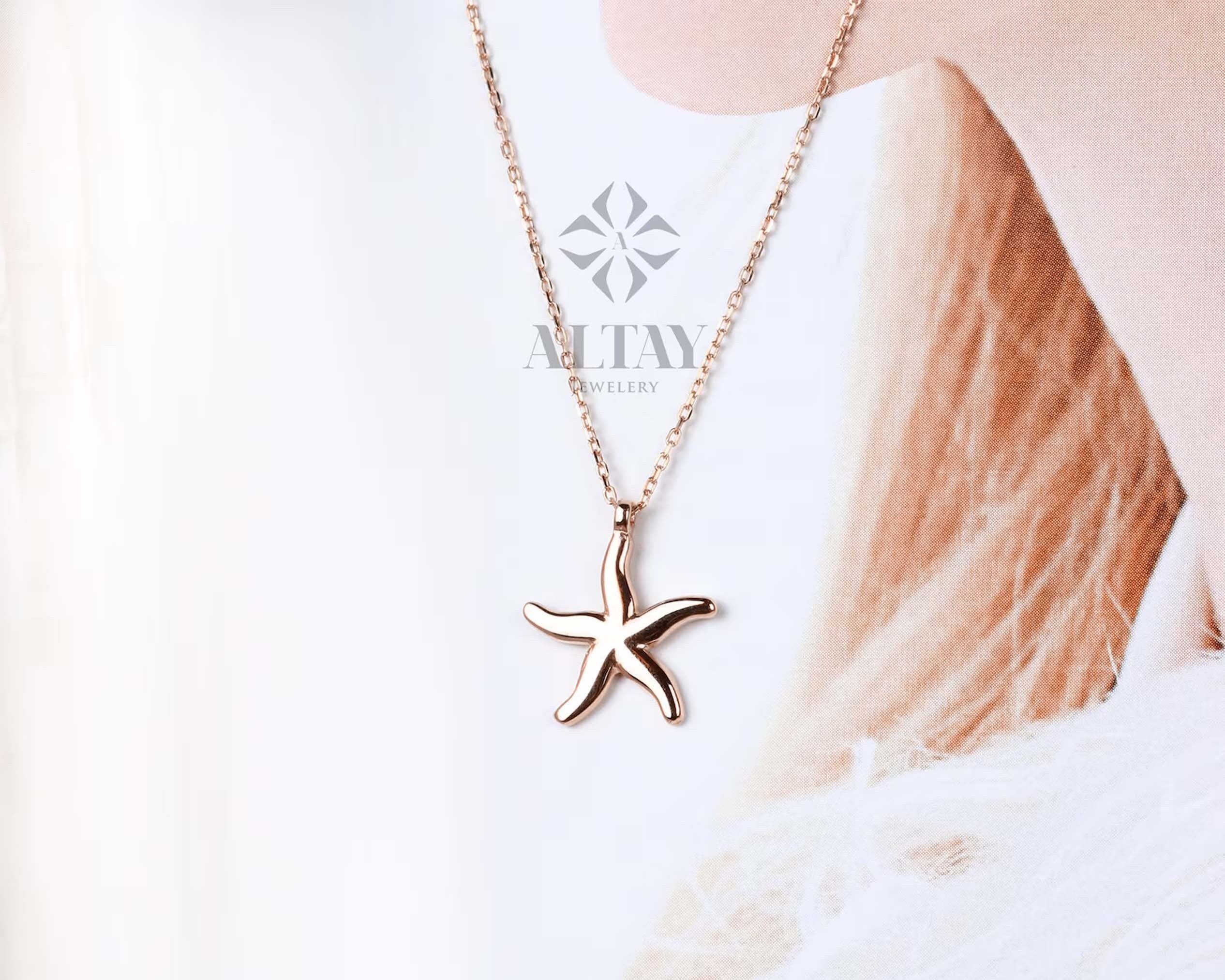 14K Gold Star Necklace, Pole Star Necklace, Starfish Necklace, Charm Starbust Pendant, Dainty Crescent Necklace, Celestial Charm Necklace