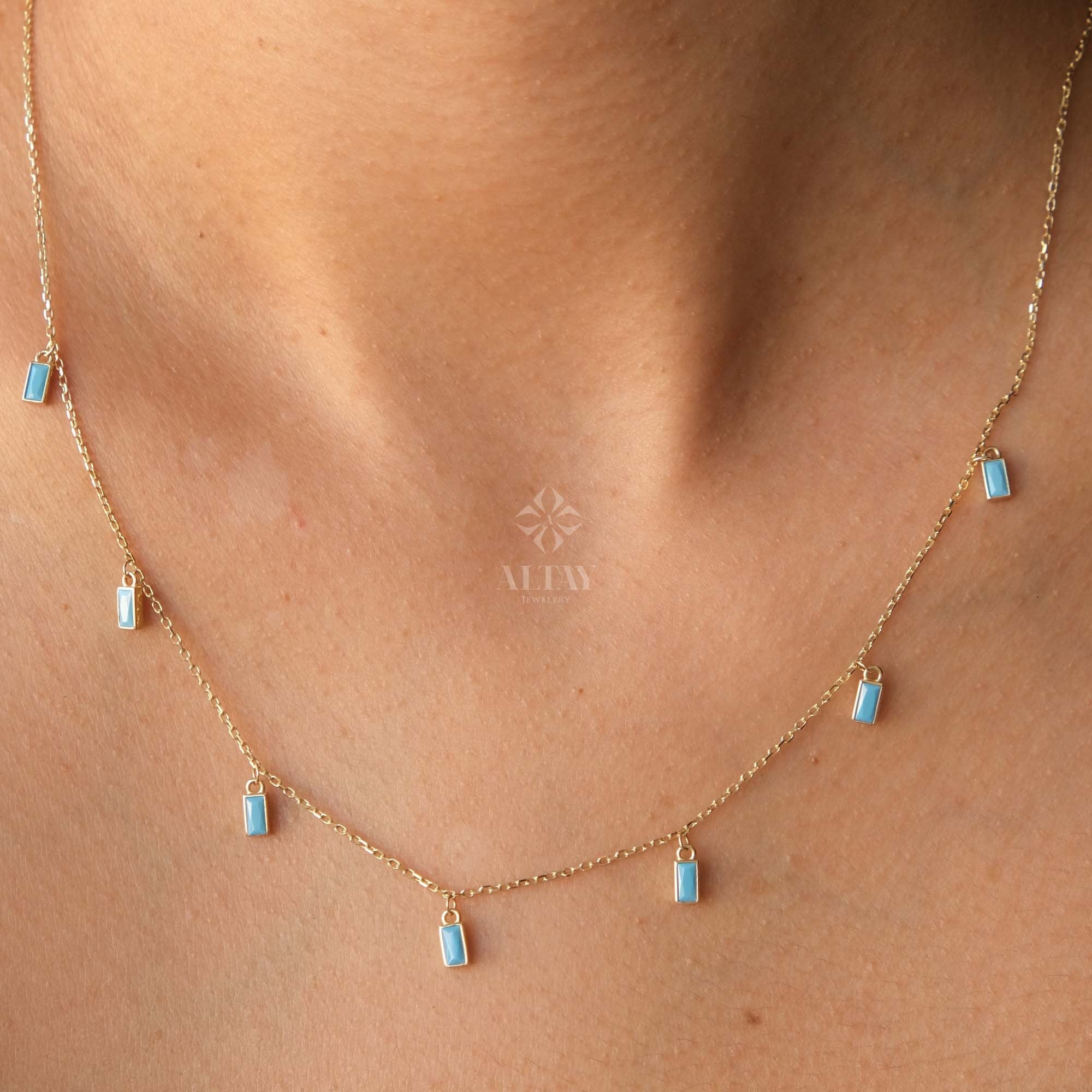 14K Gold Turquoise Dangling Necklace, Multi Baguette Necklace, Italian Dangling Bead Choker, Colorful Gold Station Necklace, Gift For Her