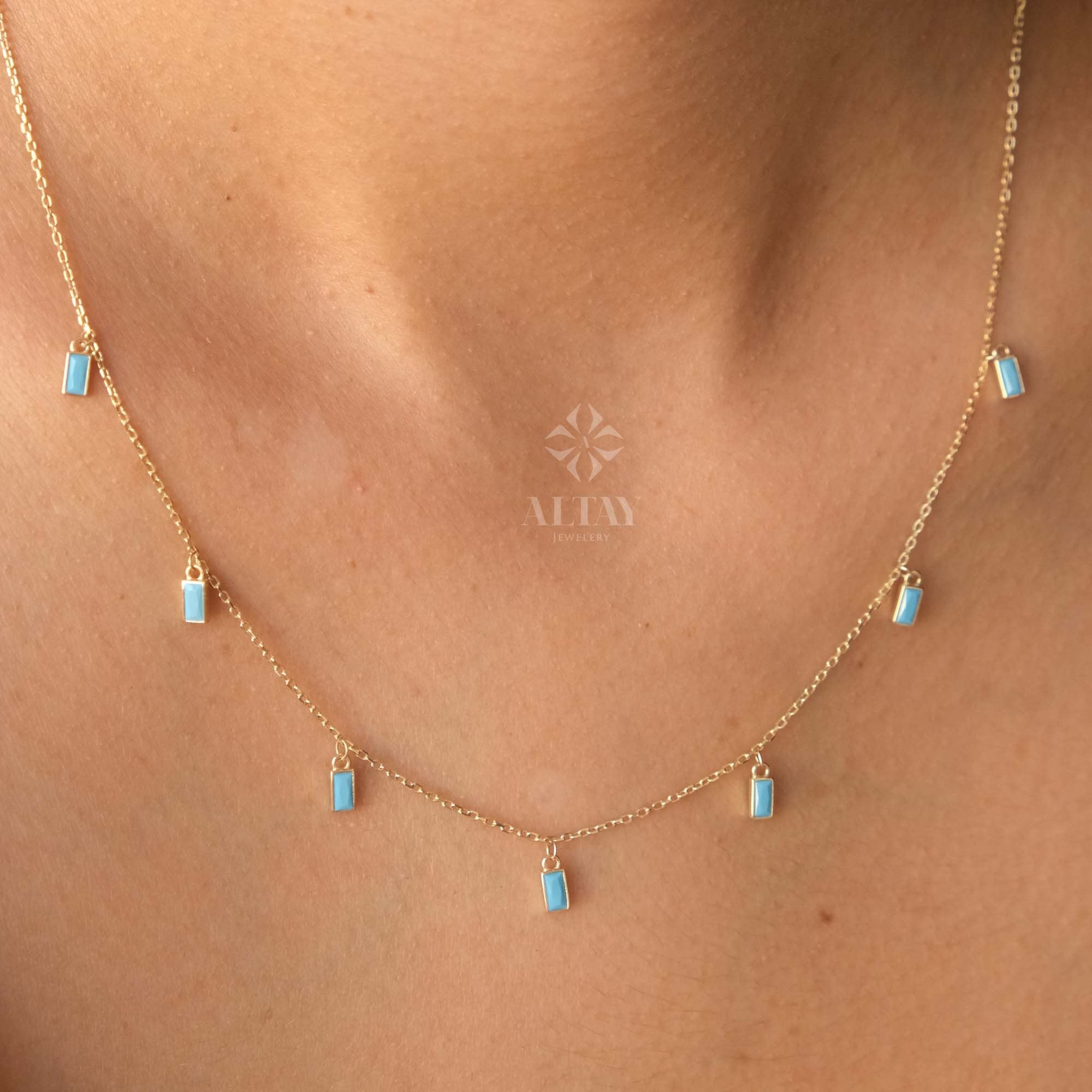 14K Gold Turquoise Dangling Necklace, Multi Baguette Necklace, Italian Dangling Bead Choker, Colorful Gold Station Necklace, Gift For Her