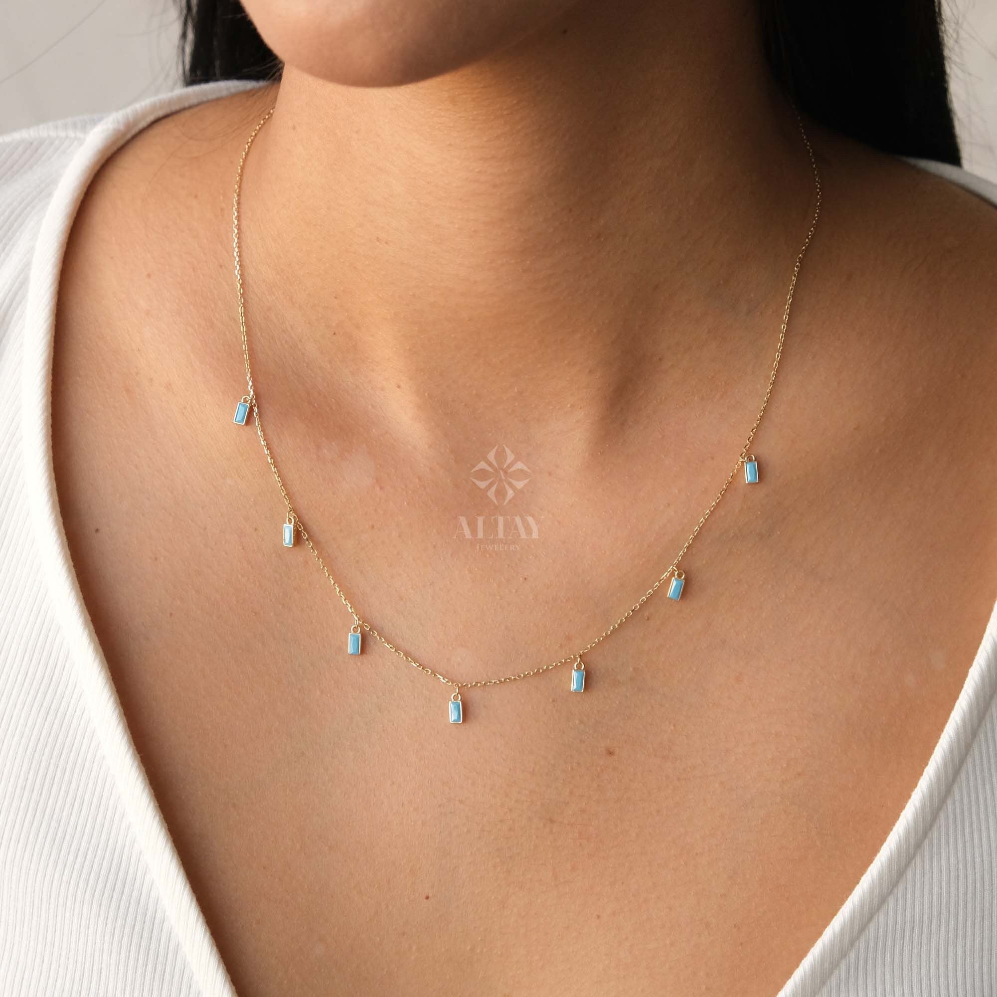 14K Gold Turquoise Dangling Necklace, Multi Baguette Necklace, Italian Dangling Bead Choker, Colorful Gold Station Necklace, Gift For Her