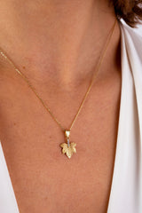 14K Gold Maple Leaf Necklace, Canadian Maple CZ Diamond Pendant Necklace