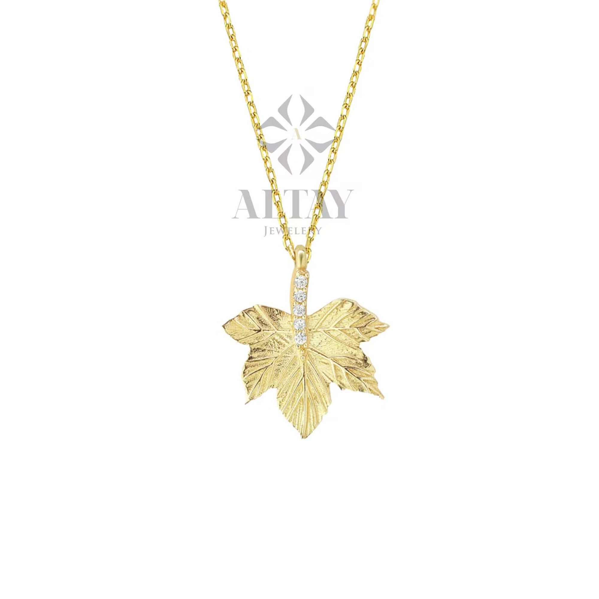 14K Gold Maple Leaf Necklace, Canadian Maple CZ Diamond Pendant Necklace, Canada Leaf Charm, Fall Leaf Jewelry, Canada Maple Leaf Necklace