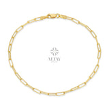 14K Gold Paperclip Chain Bracelet, 3mm Rectangle Long Chain