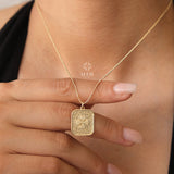 14K Gold Clover Necklace, Rectangle Charm Pendant