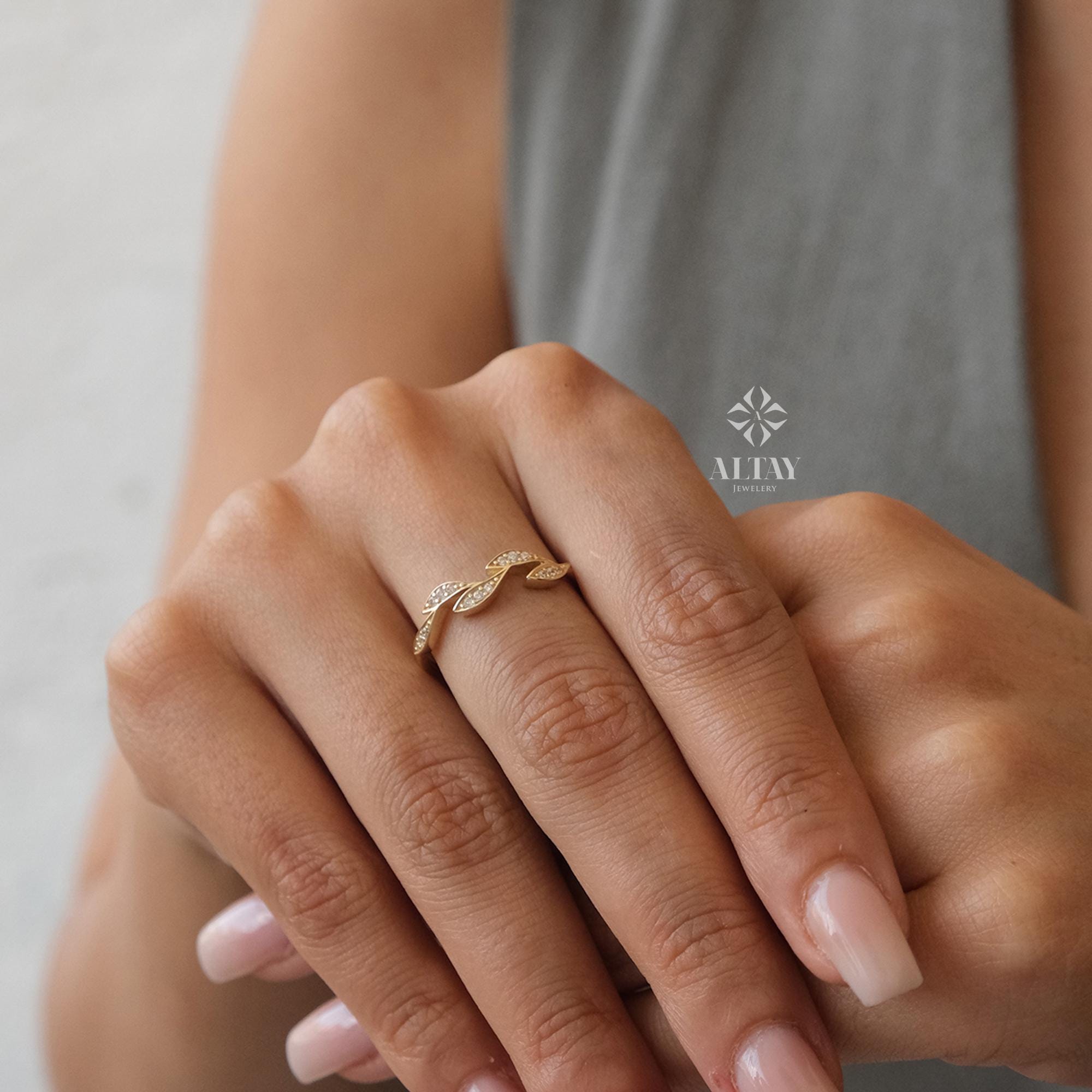 14K Gold Leaf Diamond Ring, Olive Branch Gold Ring, Dainty Nature Inspired Band, Real Gold Stacking Ring, Gift for Her