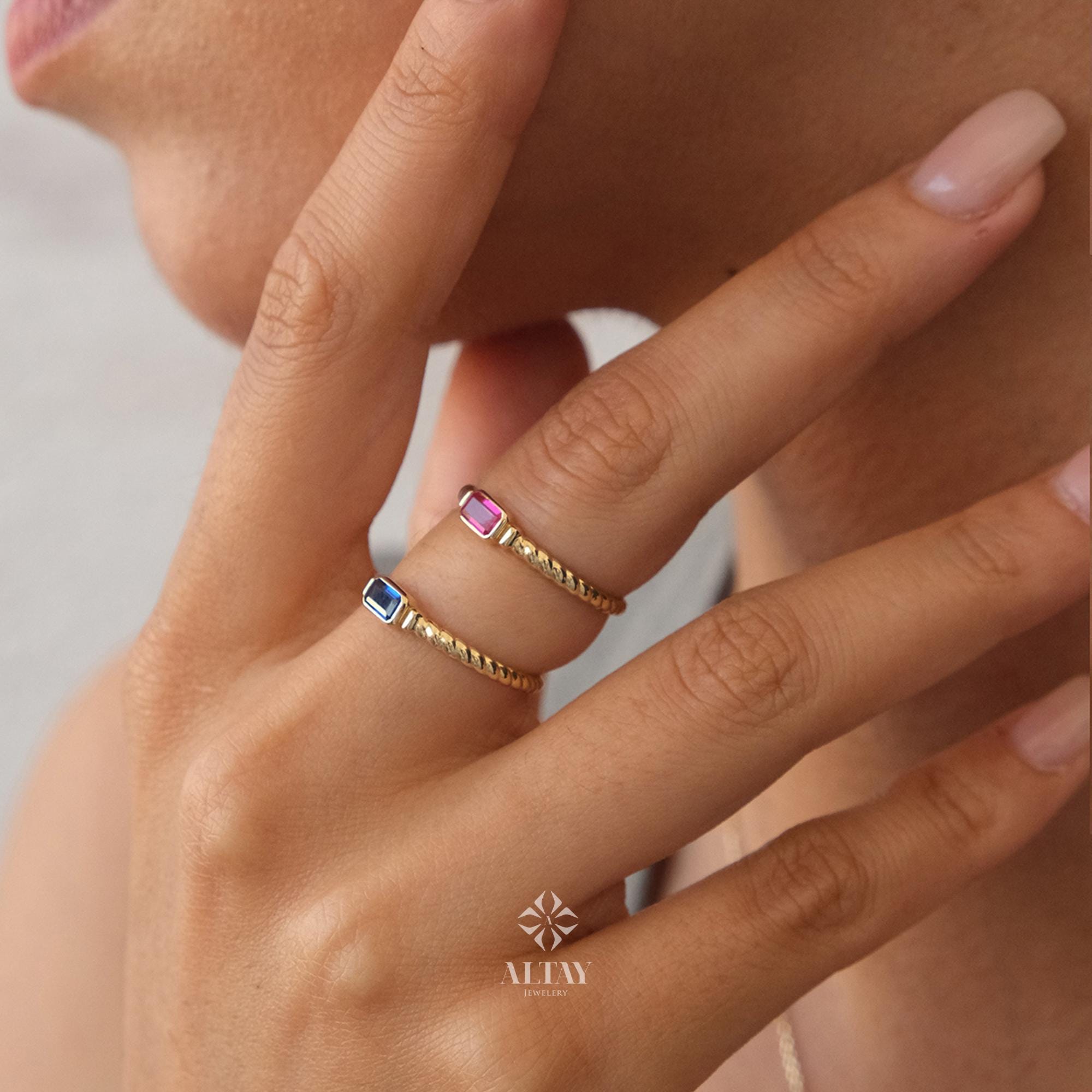 14K Gold Solitaire Birthstone Ring, Birthstone Solo Personalized Ring, Custom Gemstone Ring, Twist Rope Knuckle Ring, Stacking Wedding Band