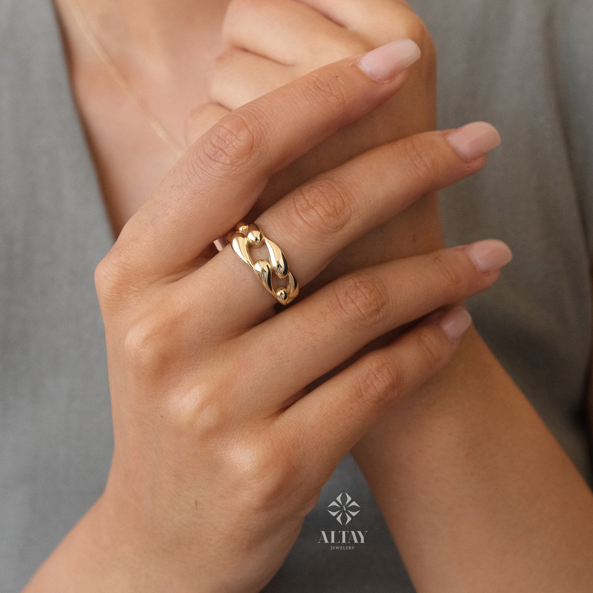 14K Gold Chain Ring, Chunky Link Ring, Thick Chain Curb Ring, Bold Chain Ring, Solid Gold Stacking Ring, Layering Minimalist Chain Link