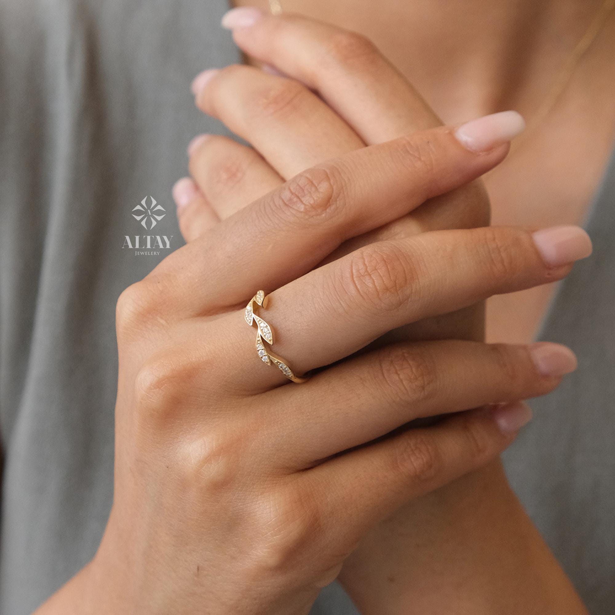 14K Gold Leaf Diamond Ring, Olive Branch Gold Ring, Dainty Nature Inspired Band, Real Gold Stacking Ring, Gift for Her