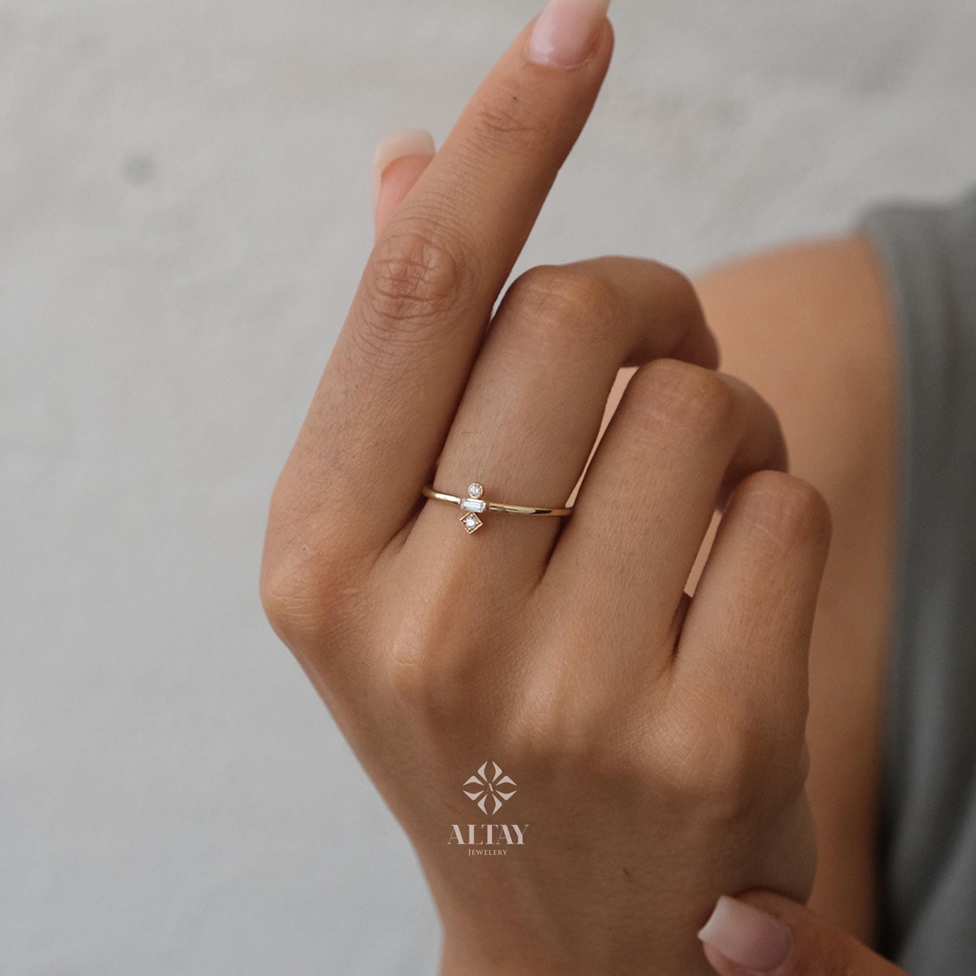 14K Gold Trio Ring, 3 Stone Wedding Ring, Stacking Rings for Women, Cz Stackable Ring, Minimalist Bridal Ring, Three Stone Promise Band