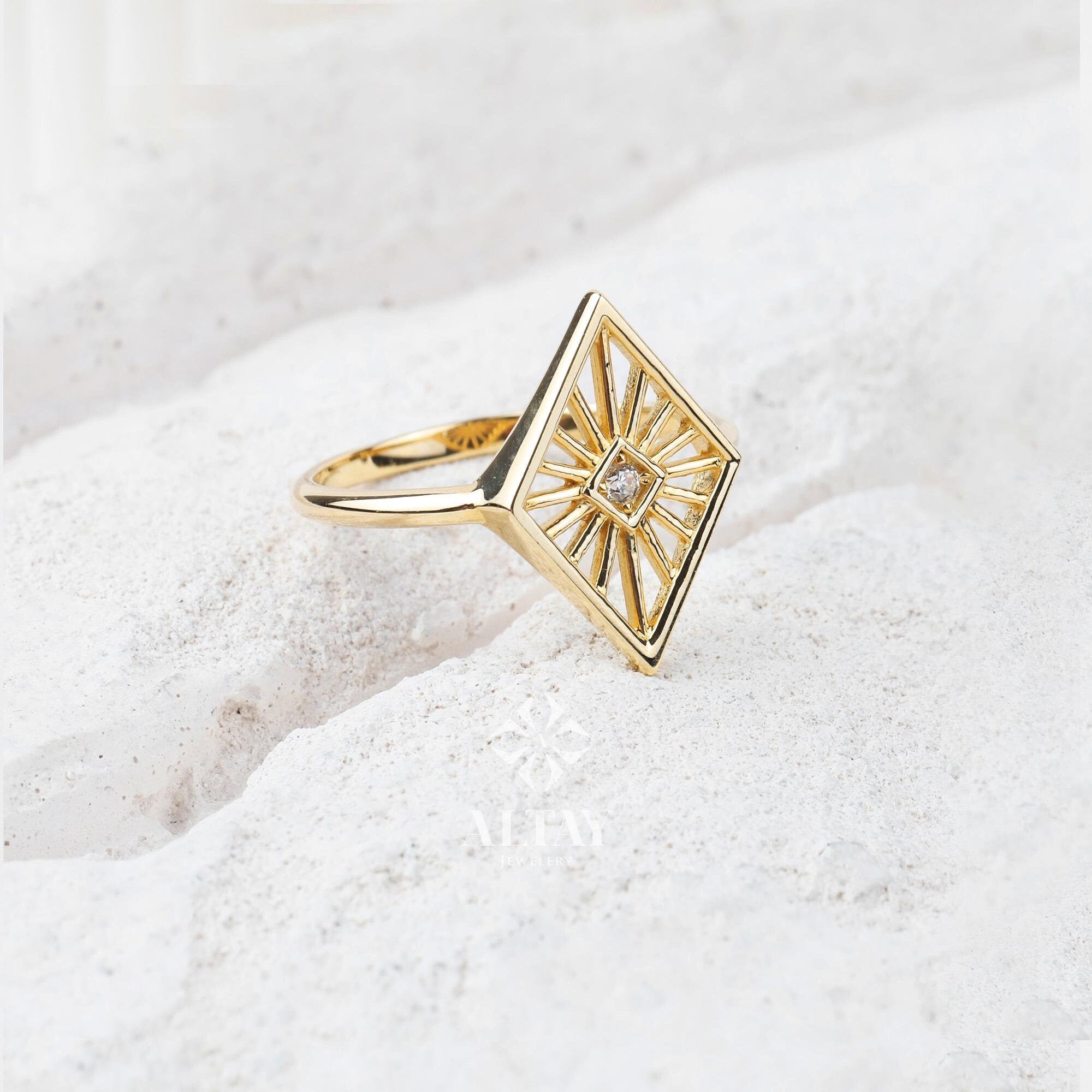 14K Gold Rhombus Ring, Kite Signet Ring, Geometric Rhombus Ring, Minimal Pinky Ring, Stacking Knuckle Band, Diamond Shape Ring Birthday Gift