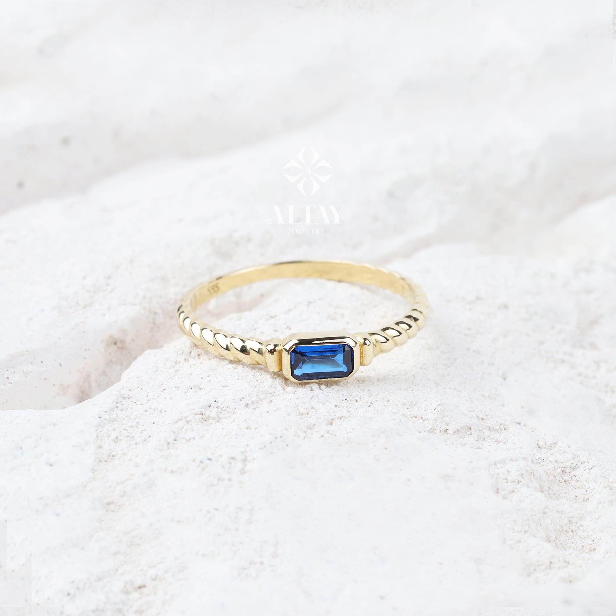 14K Gold Solitaire Birthstone Ring, Birthstone Solo Personalized Ring, Custom Gemstone Ring, Twist Rope Knuckle Ring, Stacking Wedding Band