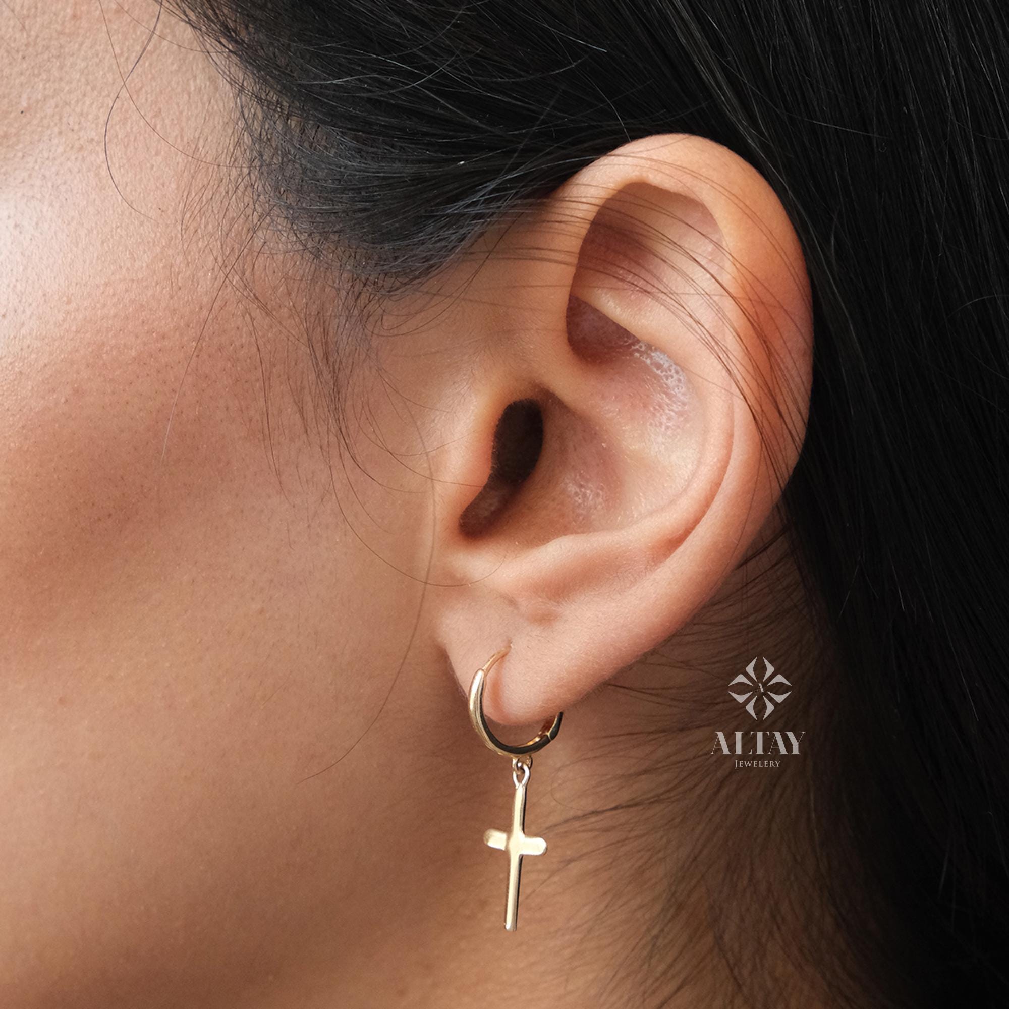 14K Gold Cross Dangle Earrings, Dainty Crucifix Earrings, Huggie Hoop Earrings, Protection Jewelry, Religious Jewelry, Christian Charm