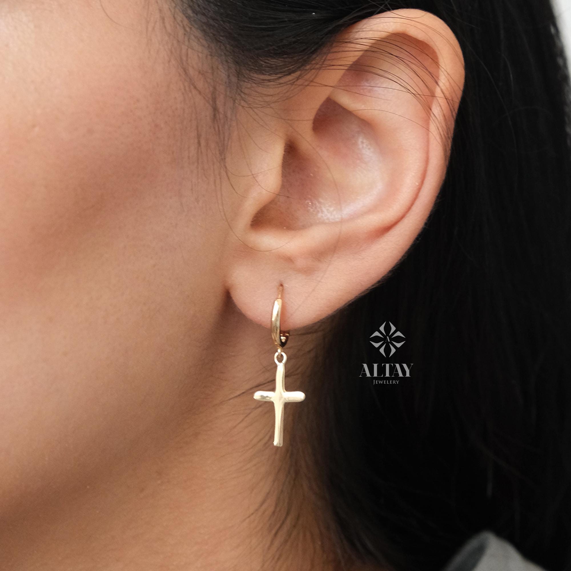 14K Gold Cross Dangle Earrings, Dainty Crucifix Earrings, Huggie Hoop Earrings, Protection Jewelry, Religious Jewelry, Christian Charm