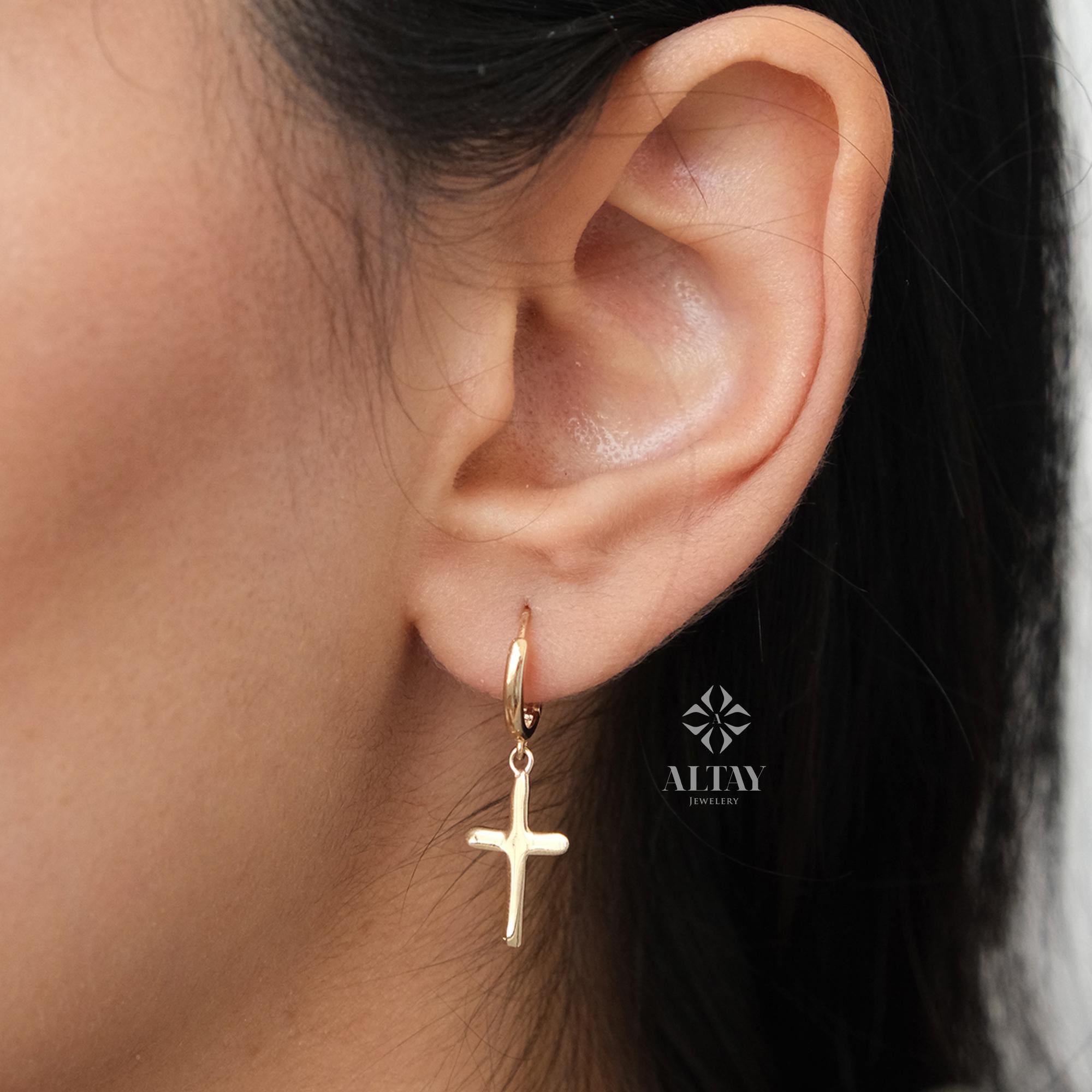 14K Gold Cross Dangle Earrings, Dainty Crucifix Earrings, Huggie Hoop Earrings, Protection Jewelry, Religious Jewelry, Christian Charm